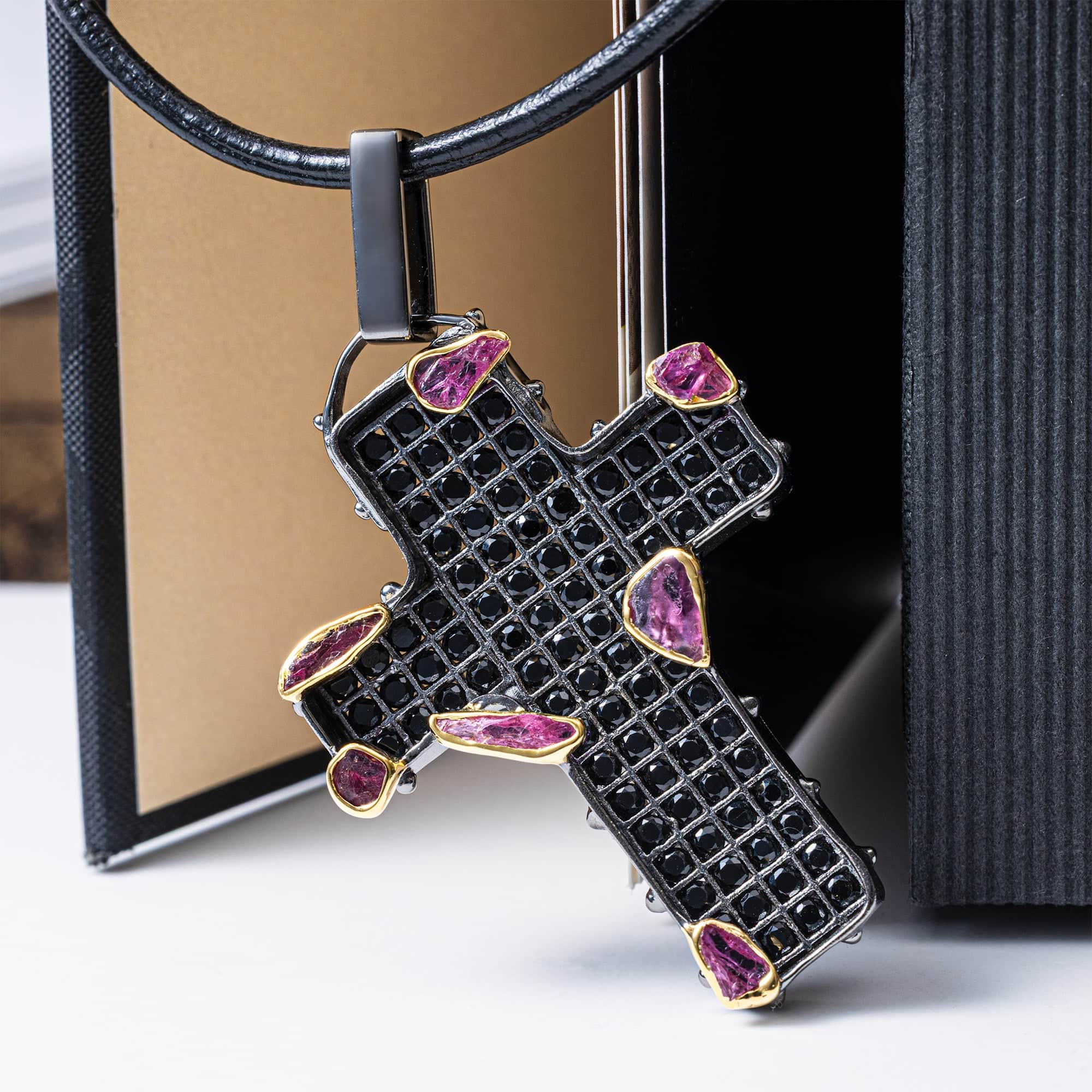 Logos Singular Edition Cross Pendant in Silver with Raw Rubies and Black Spinel