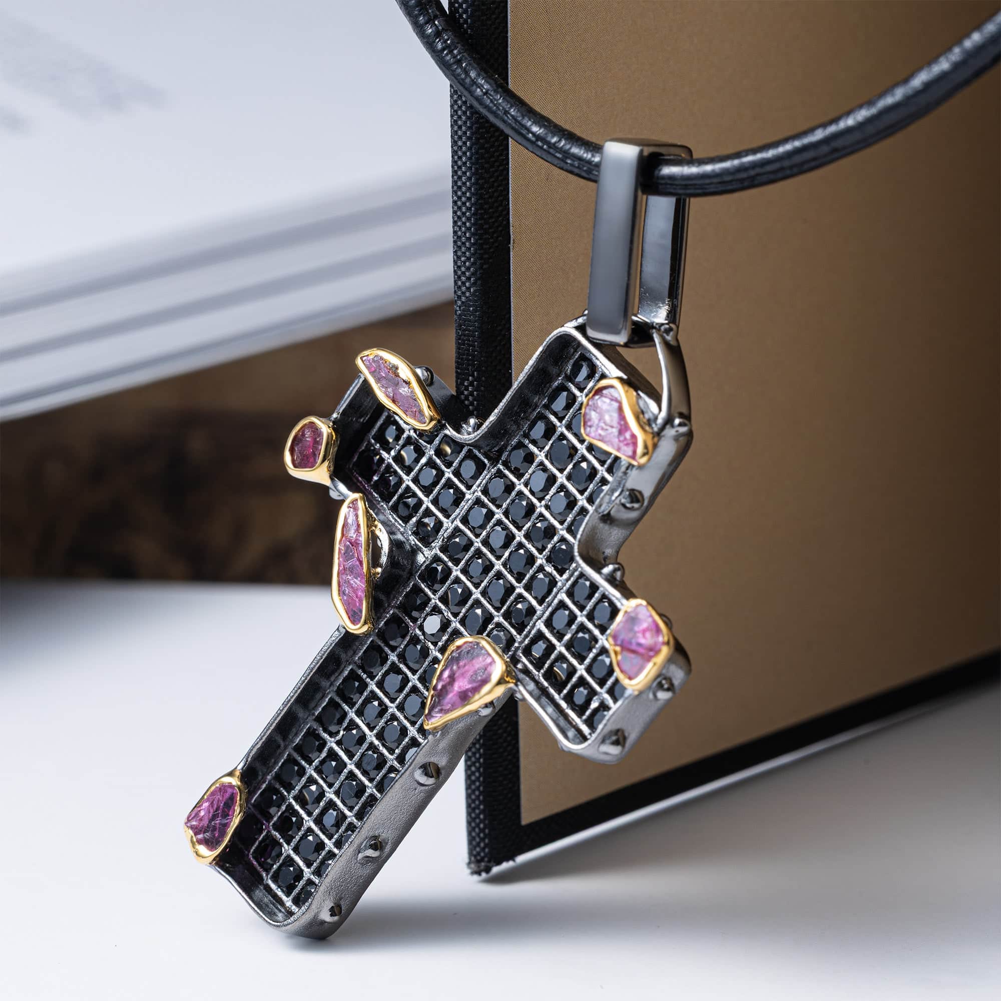 Logos Singular Edition Cross Pendant in Silver with Raw Rubies and Black Spinel