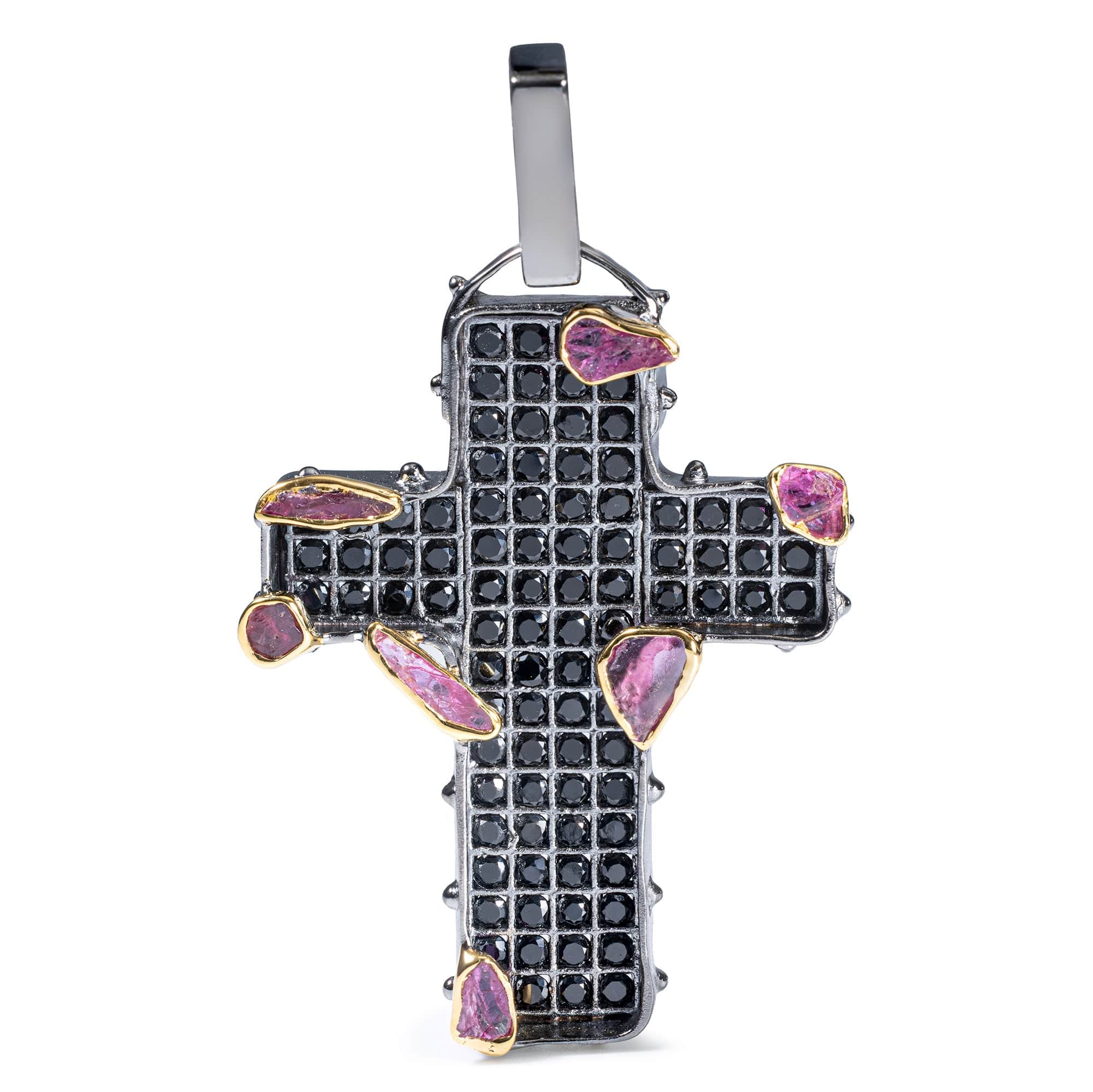 Logos Singular Edition Cross Pendant in Silver with Raw Rubies and Black Spinel
