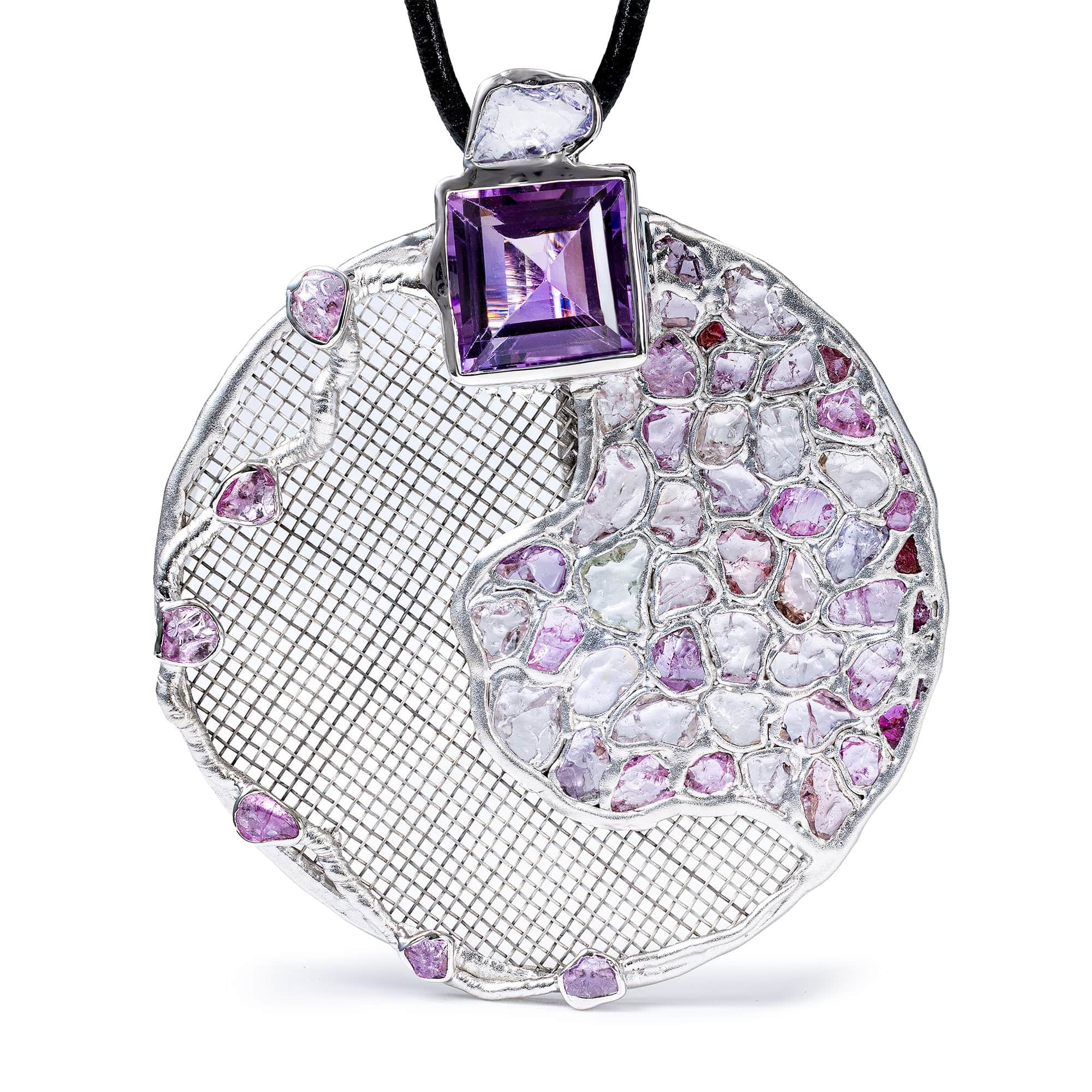 Nuaz Singular Silver & Titanium Mesh Pendant With Amethyst, Sapphire & Ruby