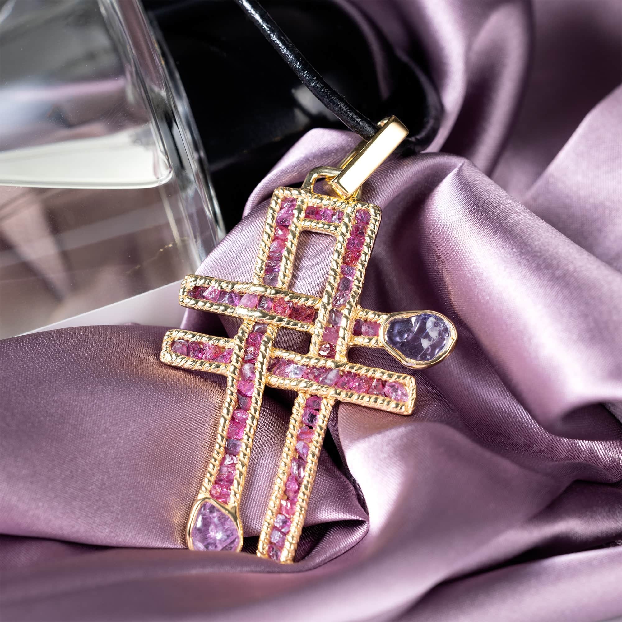 Kors Singular Edition Raw Ruby and Pink Spinel Cross Pendant in Gold-Plated Sterling Silver