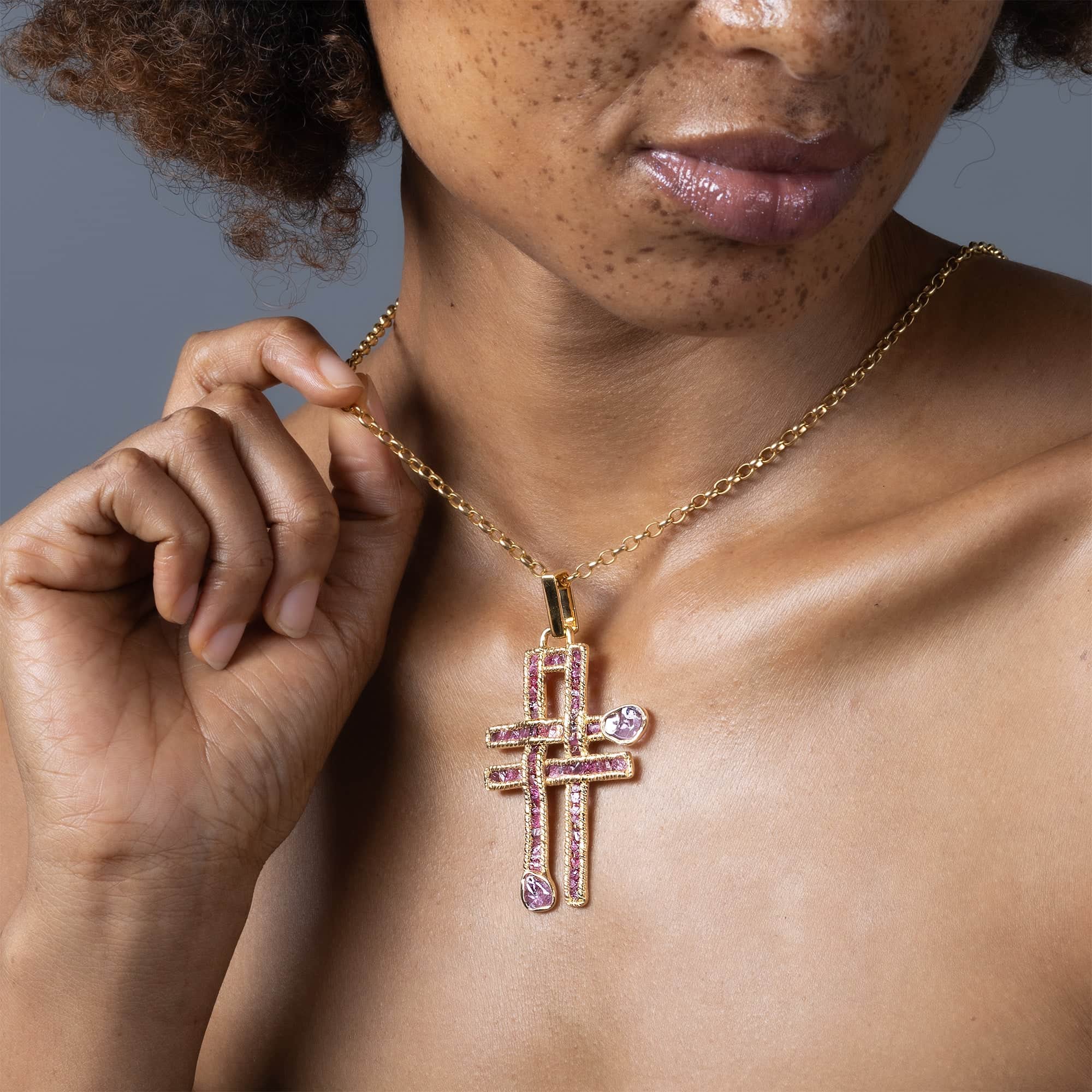 Kors Singular Edition Raw Ruby and Pink Spinel Cross Pendant in Gold-Plated Sterling Silver