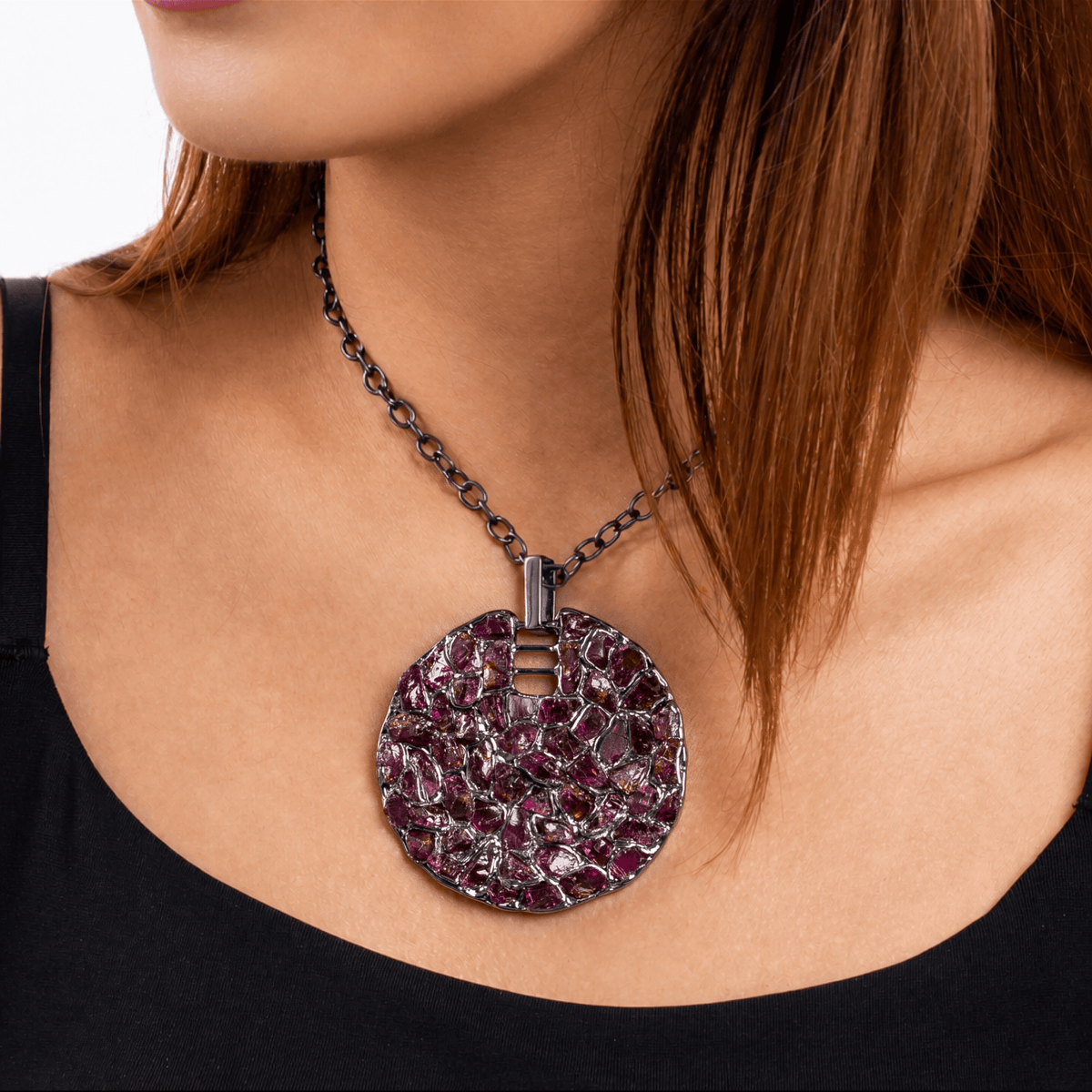 Smalto Singular Edition Natural Raw Rhodolite Mosaic Silver Pendant