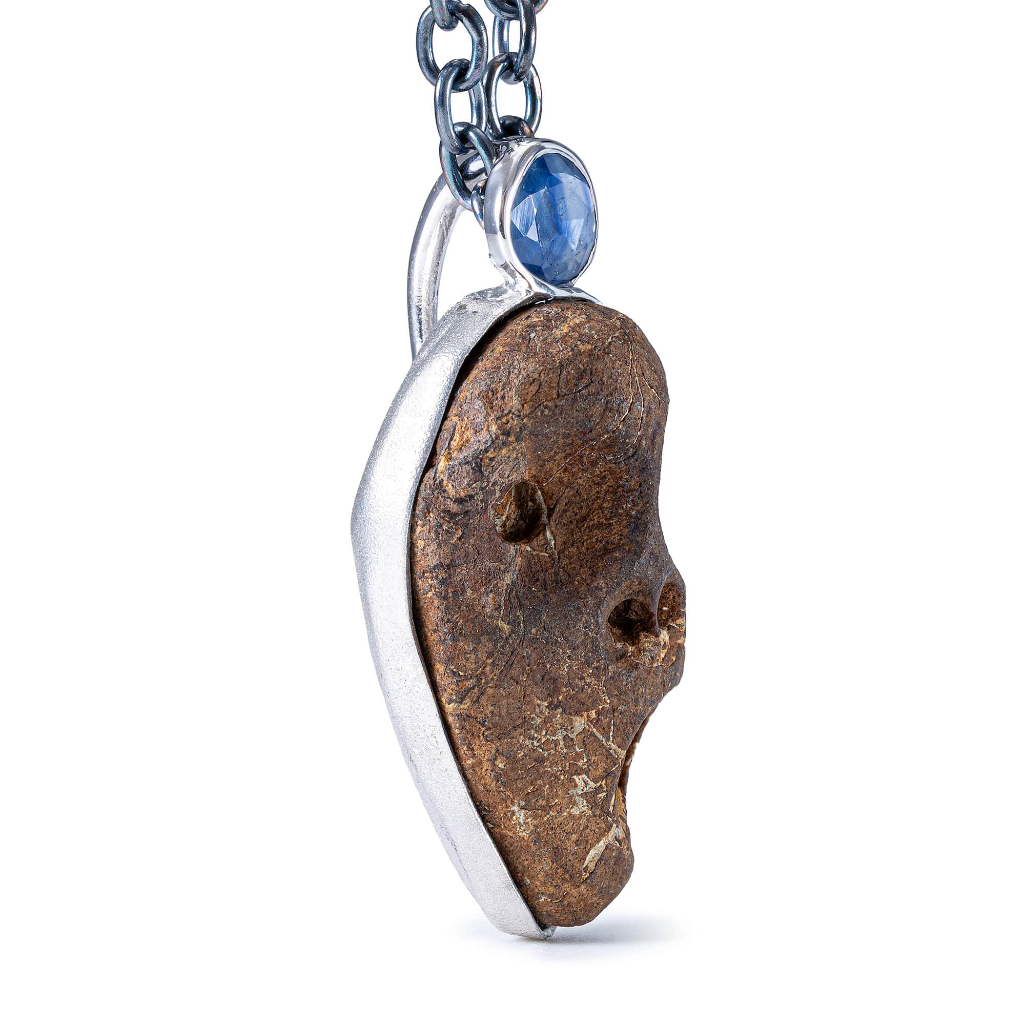 Manes Sterling Silver Pendant with Ancient Mediterranean Limestone Maskette & Natural Blue Sapphire