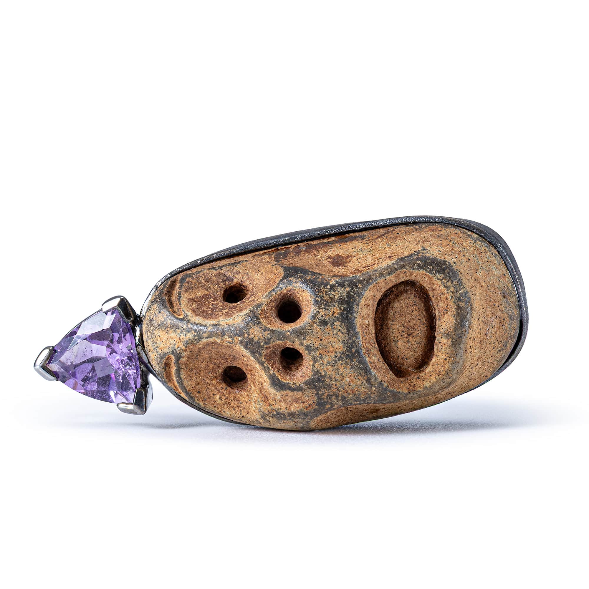 Chaos Sterling Silver Pendant with Ancient Mediterranean Limestone Maskette & Natural Trillion Amethyst