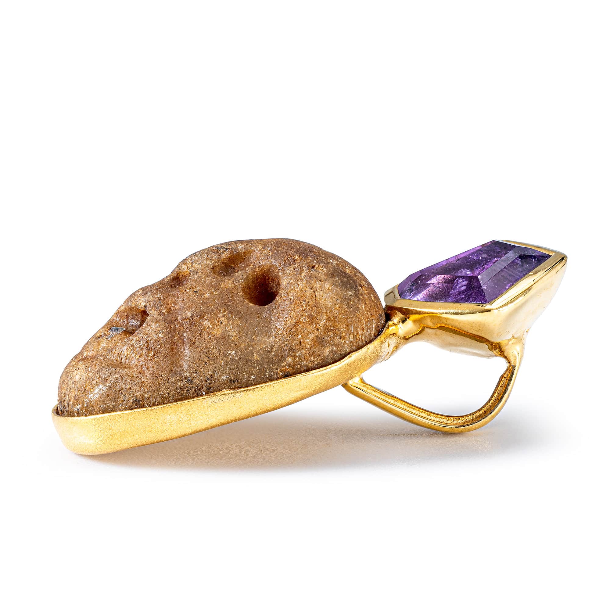Flora Sterling Silver Pendant with Ancient Mediterranean Limestone Maskette & Fancy Cut Amethyst