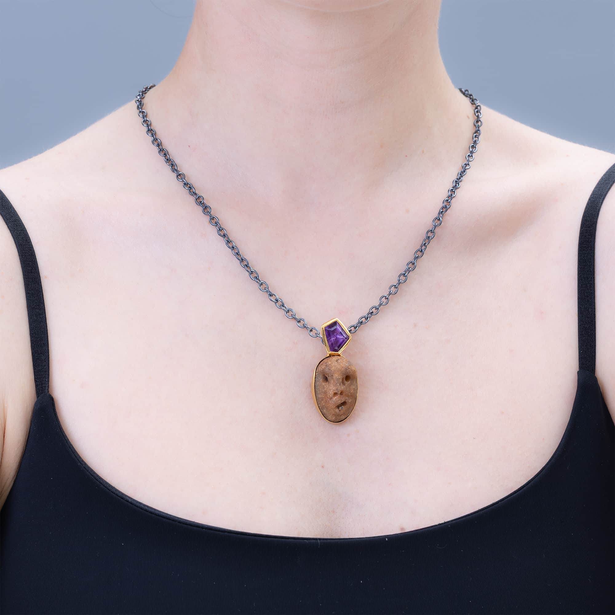 Flora Sterling Silver Pendant with Ancient Mediterranean Limestone Maskette & Fancy Cut Amethyst
