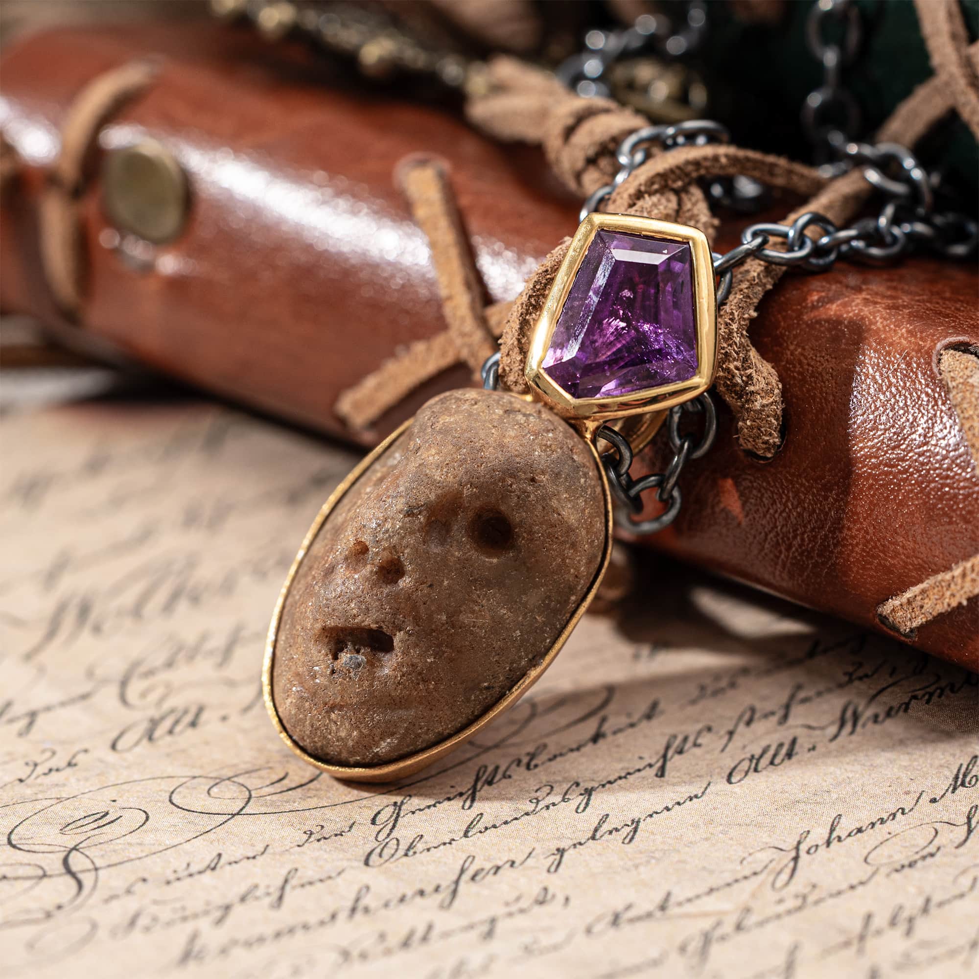 Flora Sterling Silver Pendant with Ancient Mediterranean Limestone Maskette & Fancy Cut Amethyst