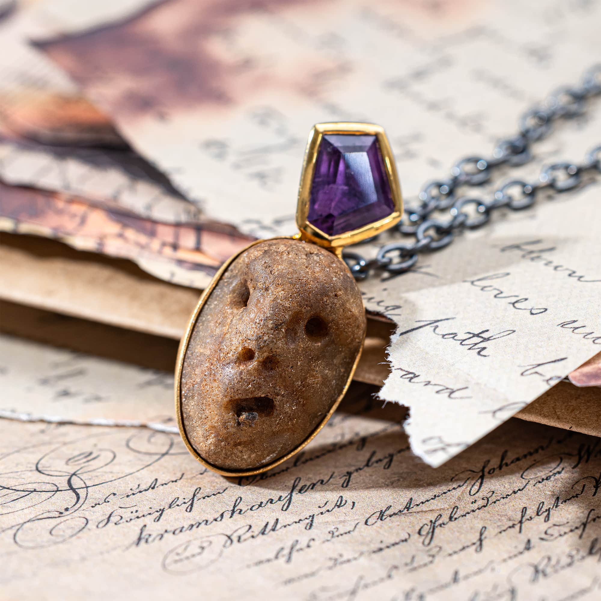 Flora Sterling Silver Pendant with Ancient Mediterranean Limestone Maskette & Fancy Cut Amethyst