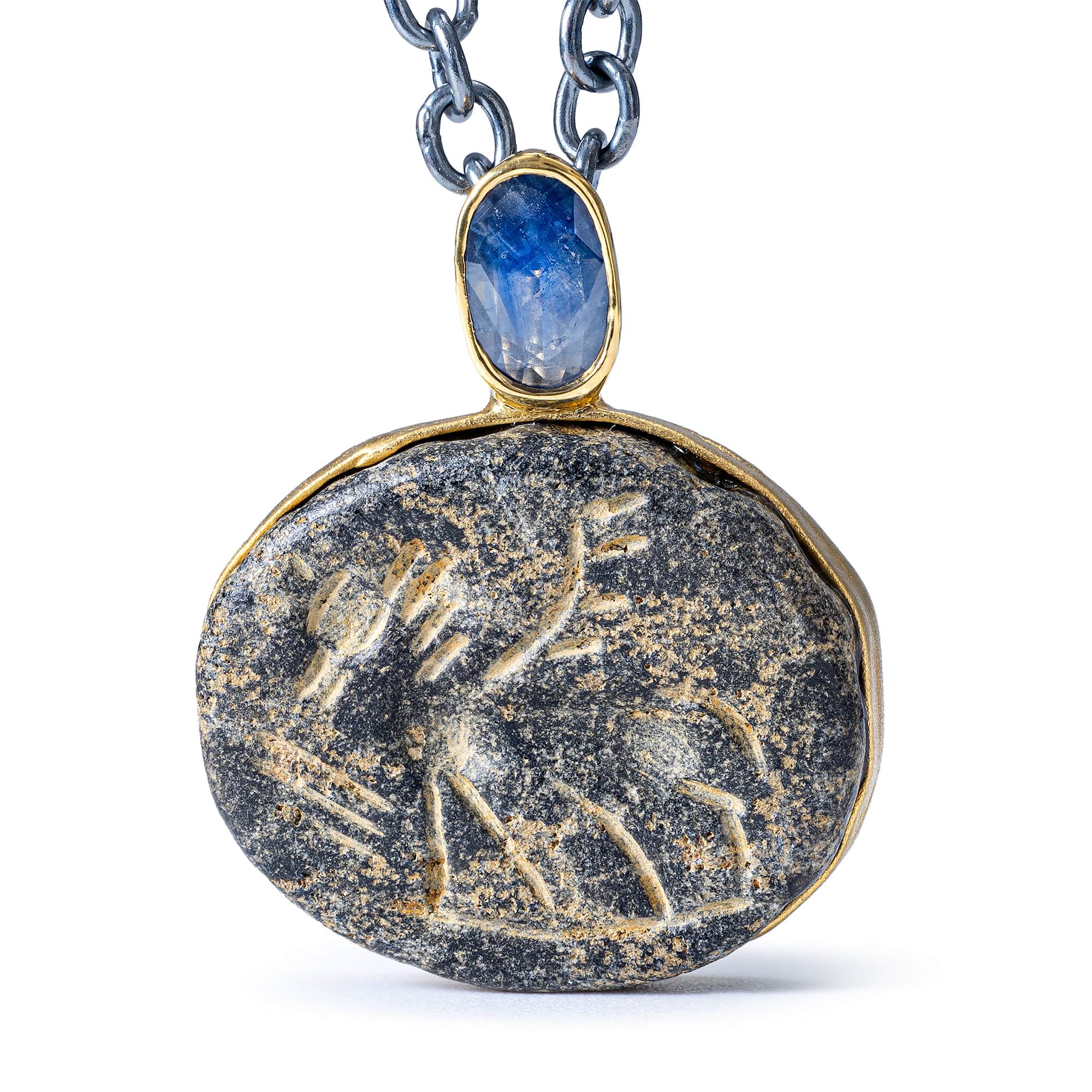 Shedu Silver Necklace with Ancient Near Eastern Steatite Winged Figure Amulet and Natural Sapphire