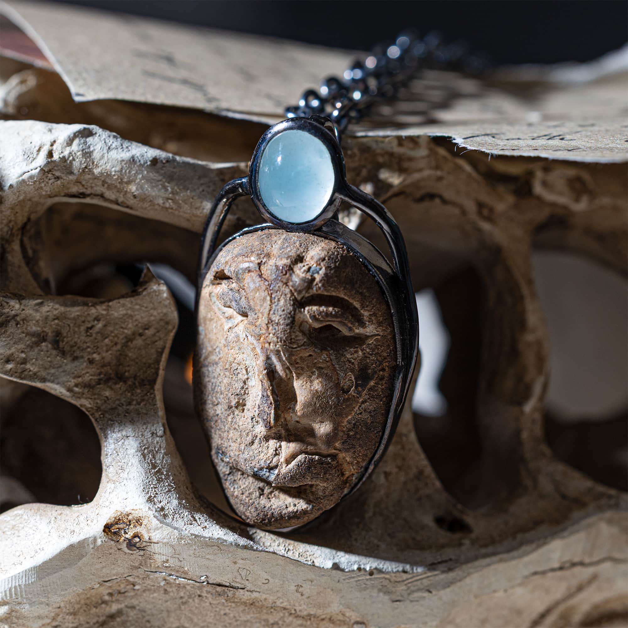 Strix Sterling Silver Pendant with Ancient Mediterranean Limestone Maskette & Oval Aquamarine
