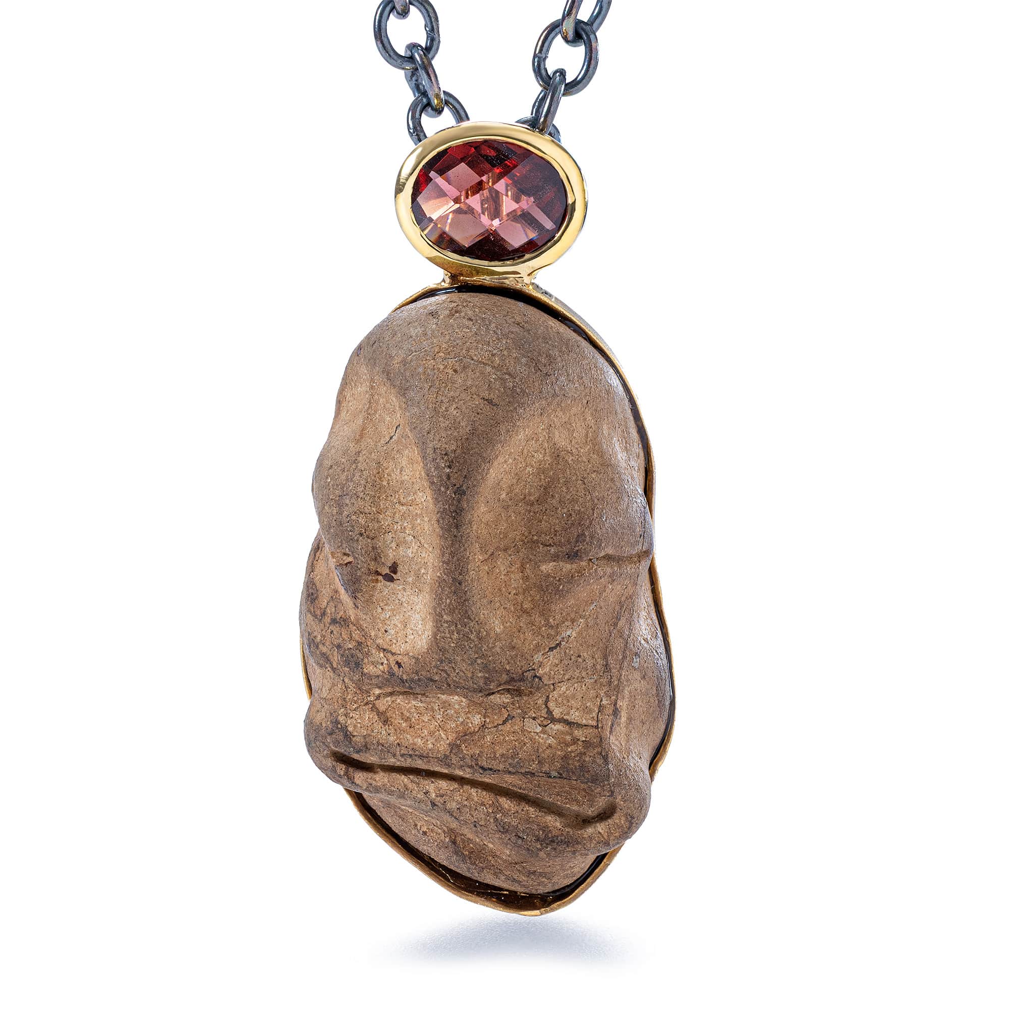 Eirene Sterling Silver Pendant with Ancient Mediterranean Limestone Maskette & Pink Tourmaline