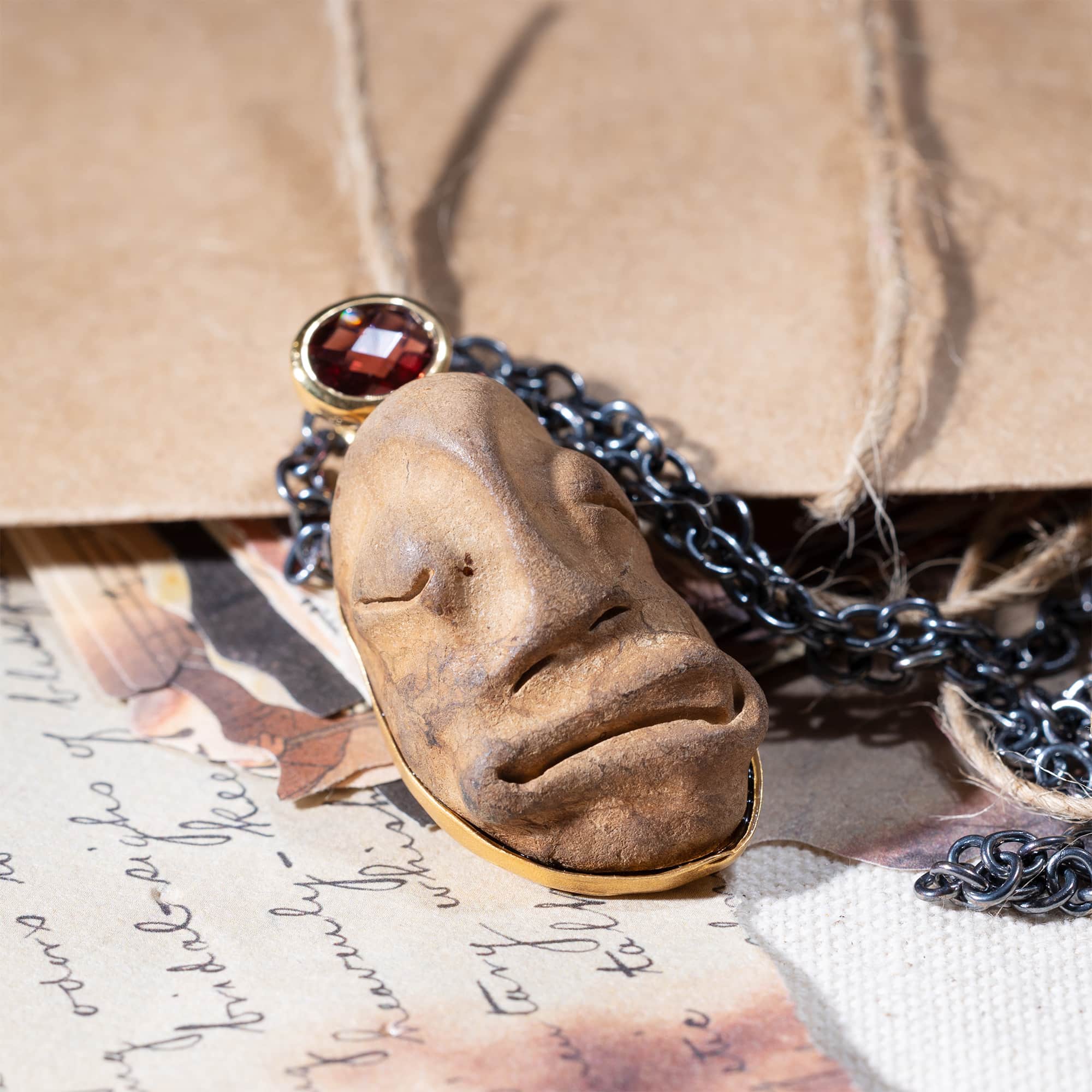 Eirene Sterling Silver Pendant with Ancient Mediterranean Limestone Maskette & Pink Tourmaline