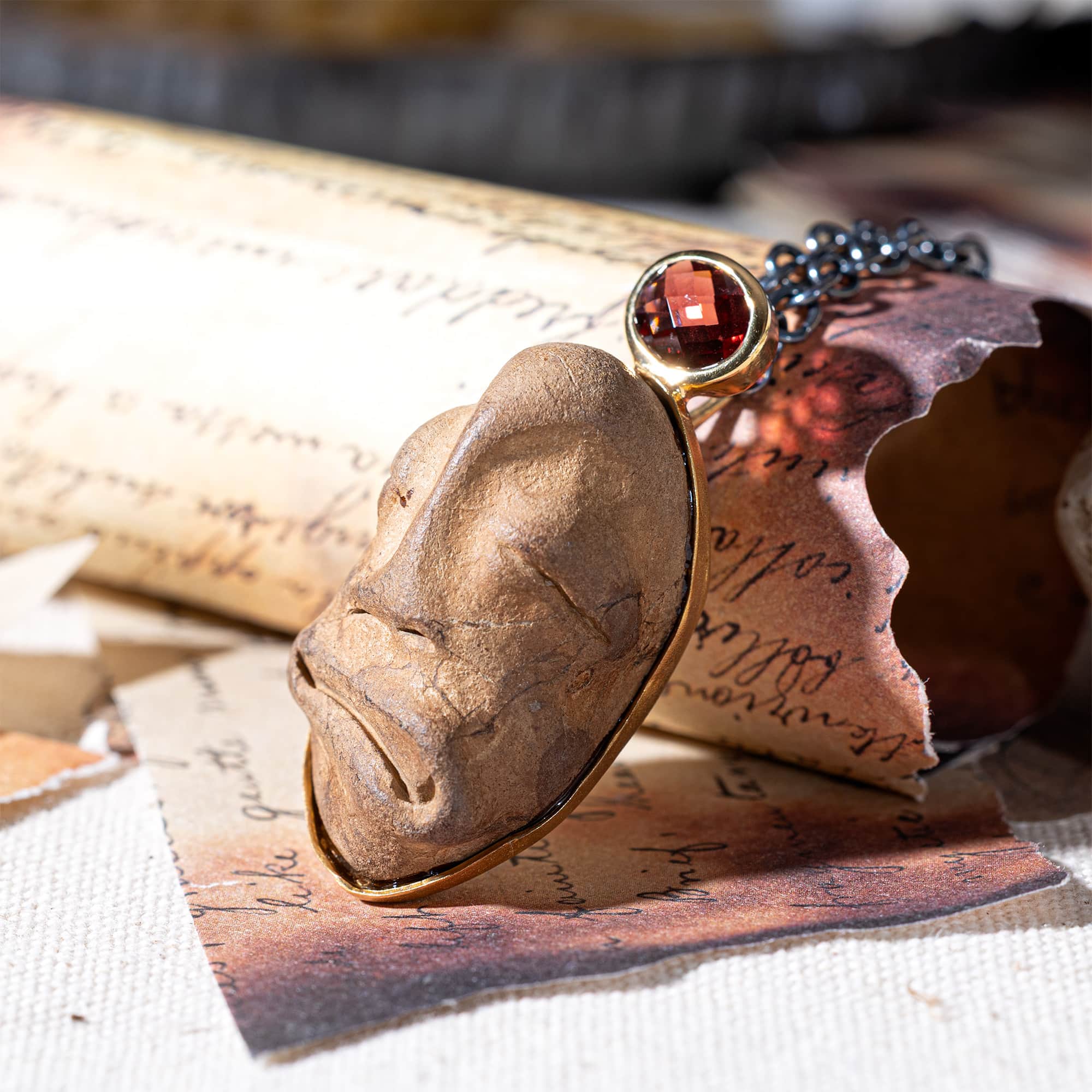 Eirene Sterling Silver Pendant with Ancient Mediterranean Limestone Maskette & Pink Tourmaline