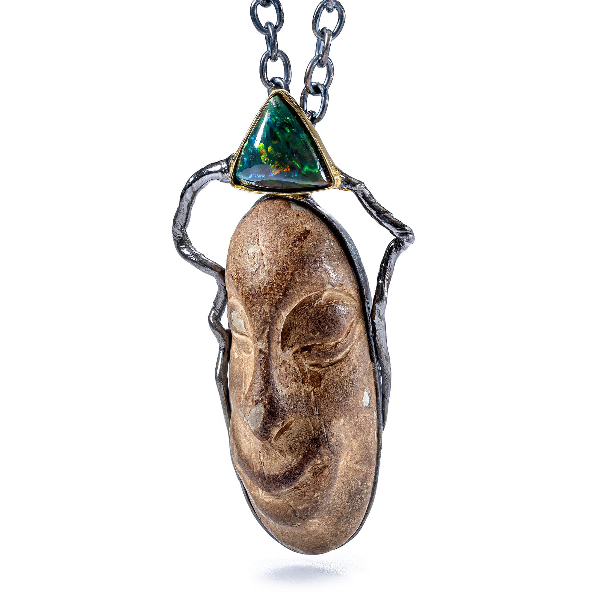 Amica Sterling Silver Pendant with Ancient Mediterranean Stone Maskette & Black Opal