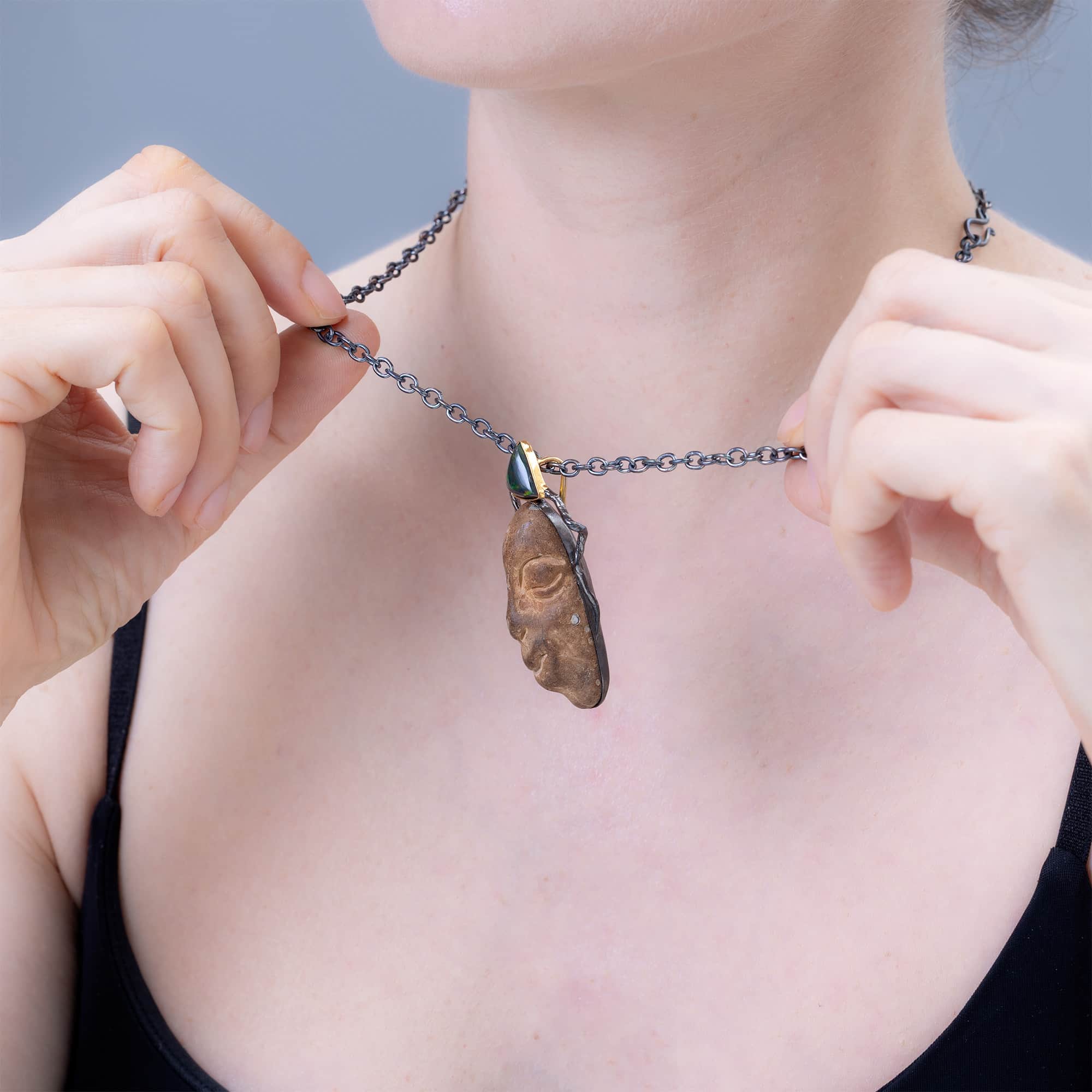 Amica Sterling Silver Pendant with Ancient Mediterranean Stone Maskette & Black Opal