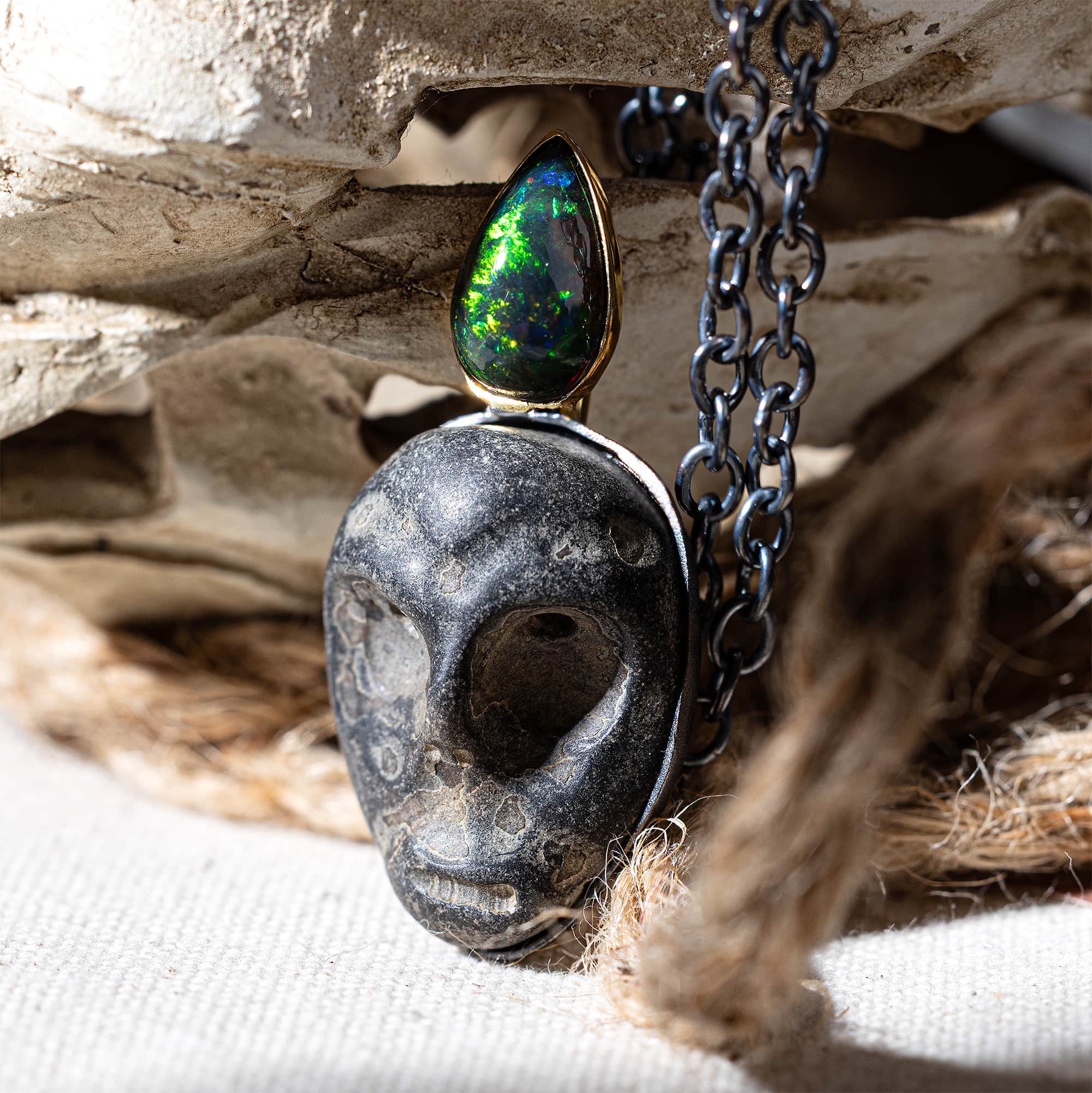 Mormo Sterling Silver Pendant with Ancient Mediterranean Limestone Maskette & Black Opal