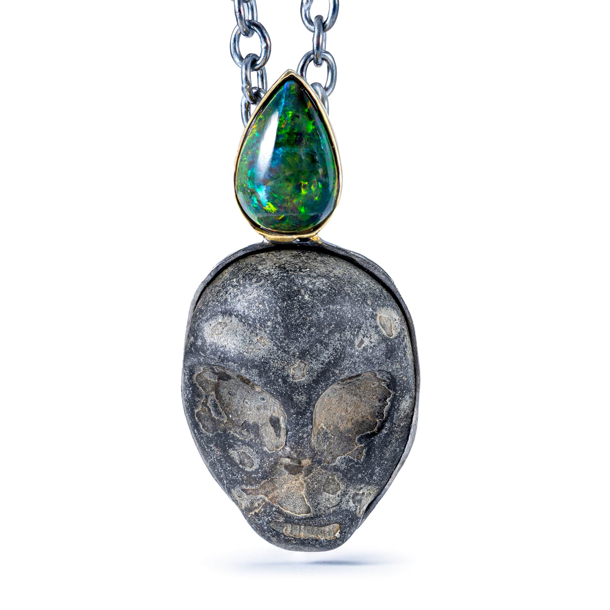 Mormo Sterling Silver Pendant with Ancient Mediterranean Limestone Maskette & Black Opal