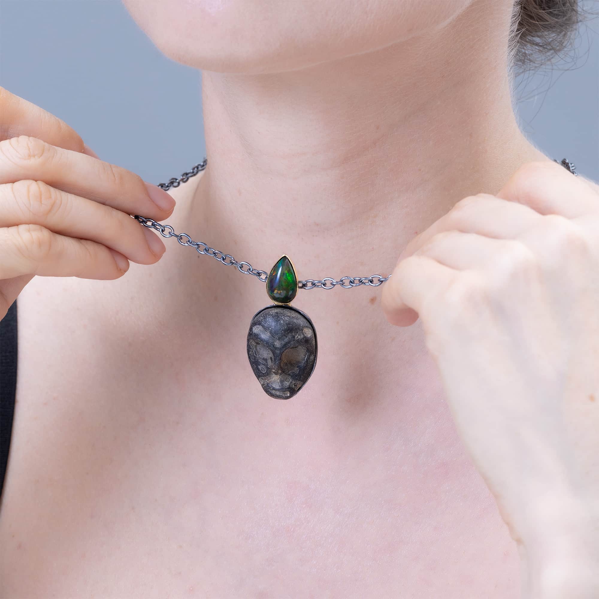 Mormo Sterling Silver Pendant with Ancient Mediterranean Limestone Maskette & Black Opal