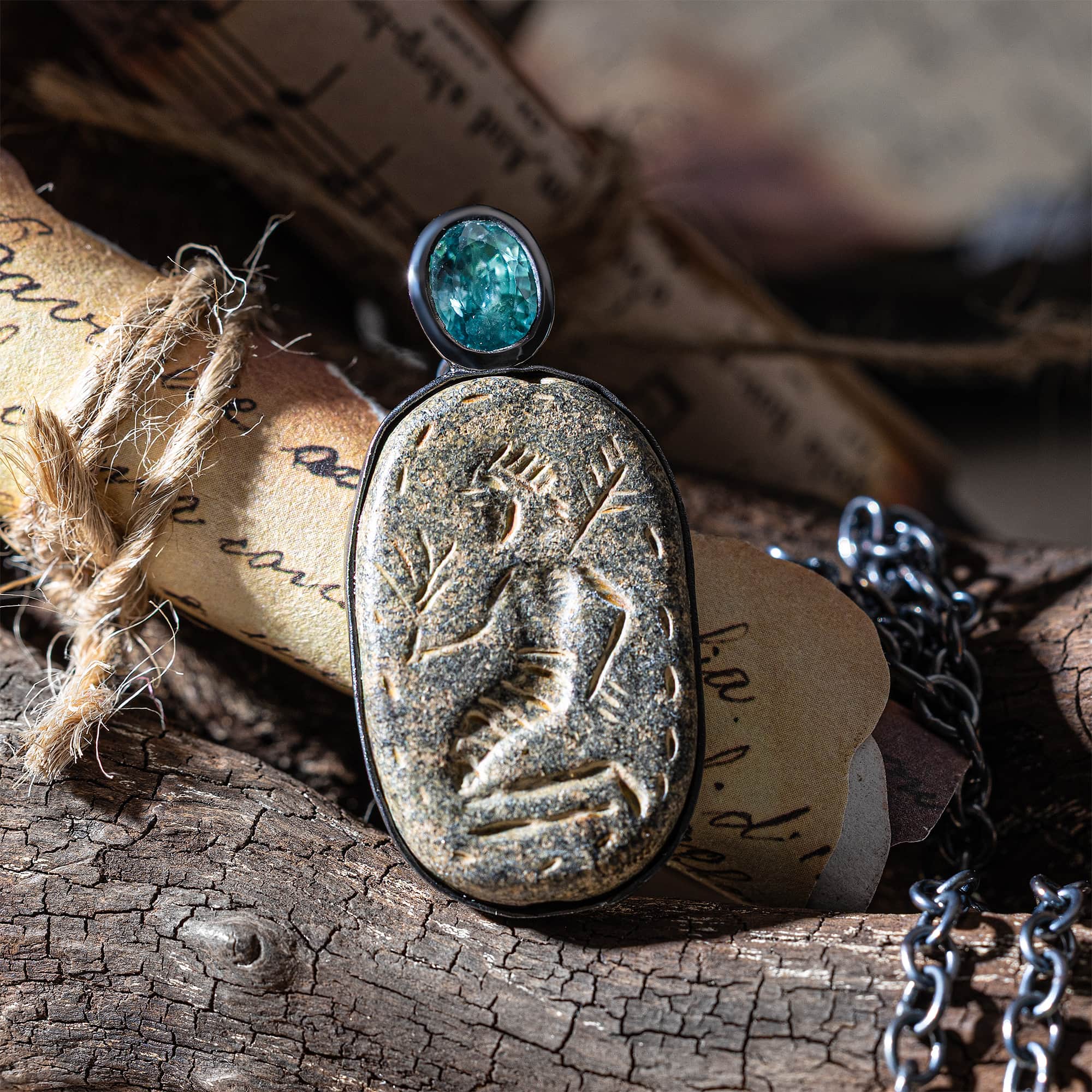 Bel Sterling Silver Pendant with Ancient Neo‑Assyrian Steatite Amulet & Oval Blue Topaz