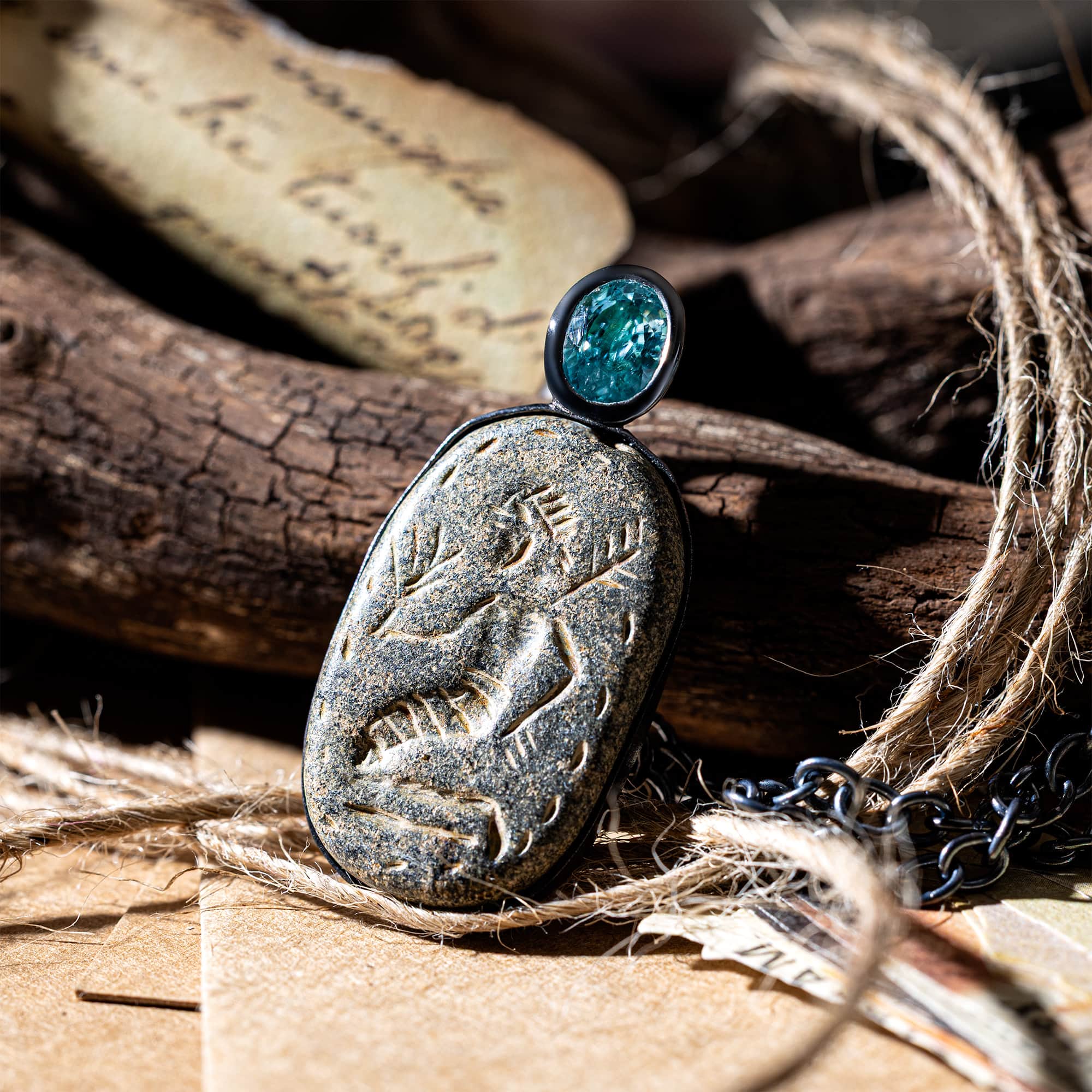 Bel Sterling Silver Pendant with Ancient Neo‑Assyrian Steatite Amulet & Oval Blue Topaz
