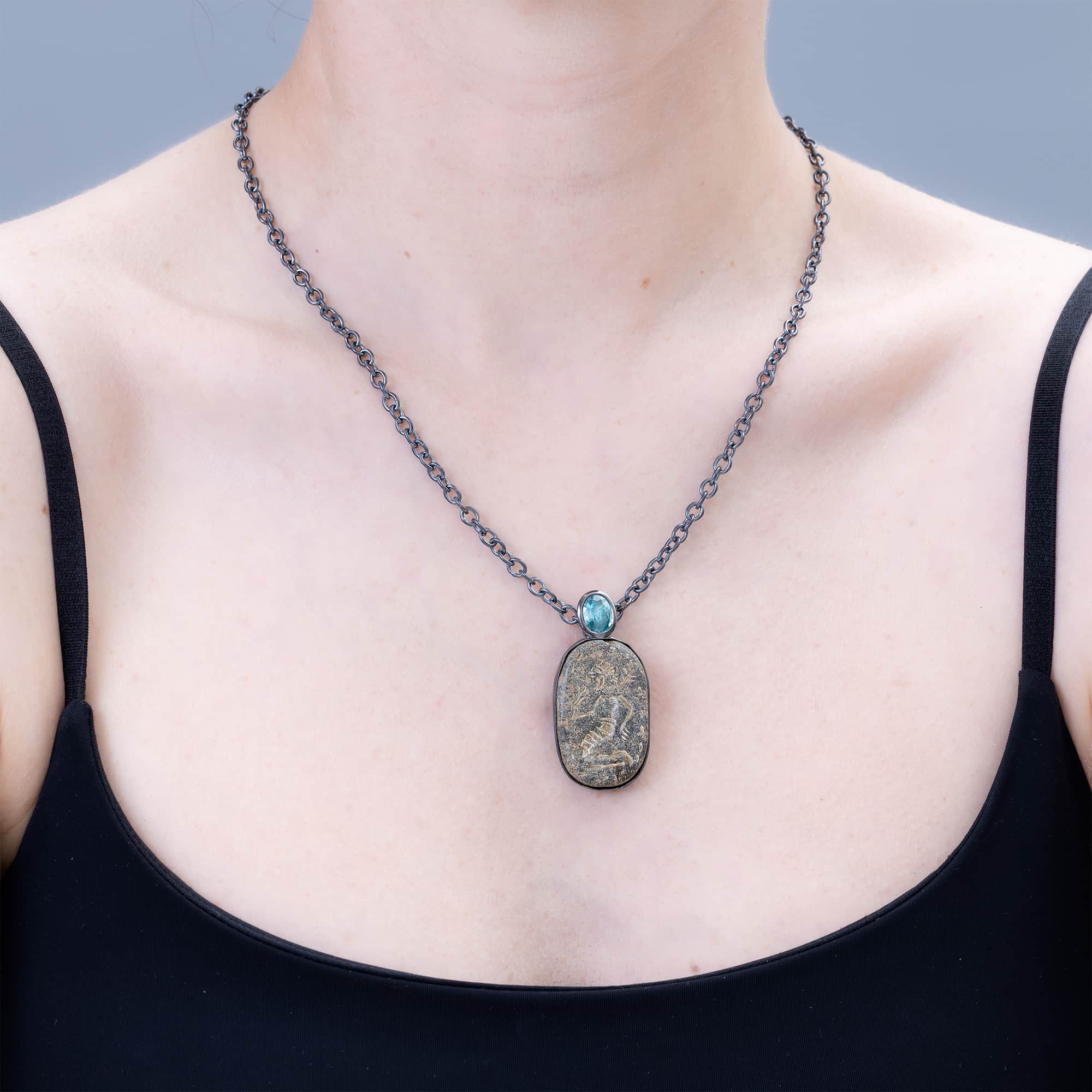 Bel Sterling Silver Pendant with Ancient Neo‑Assyrian Steatite Amulet & Oval Blue Topaz