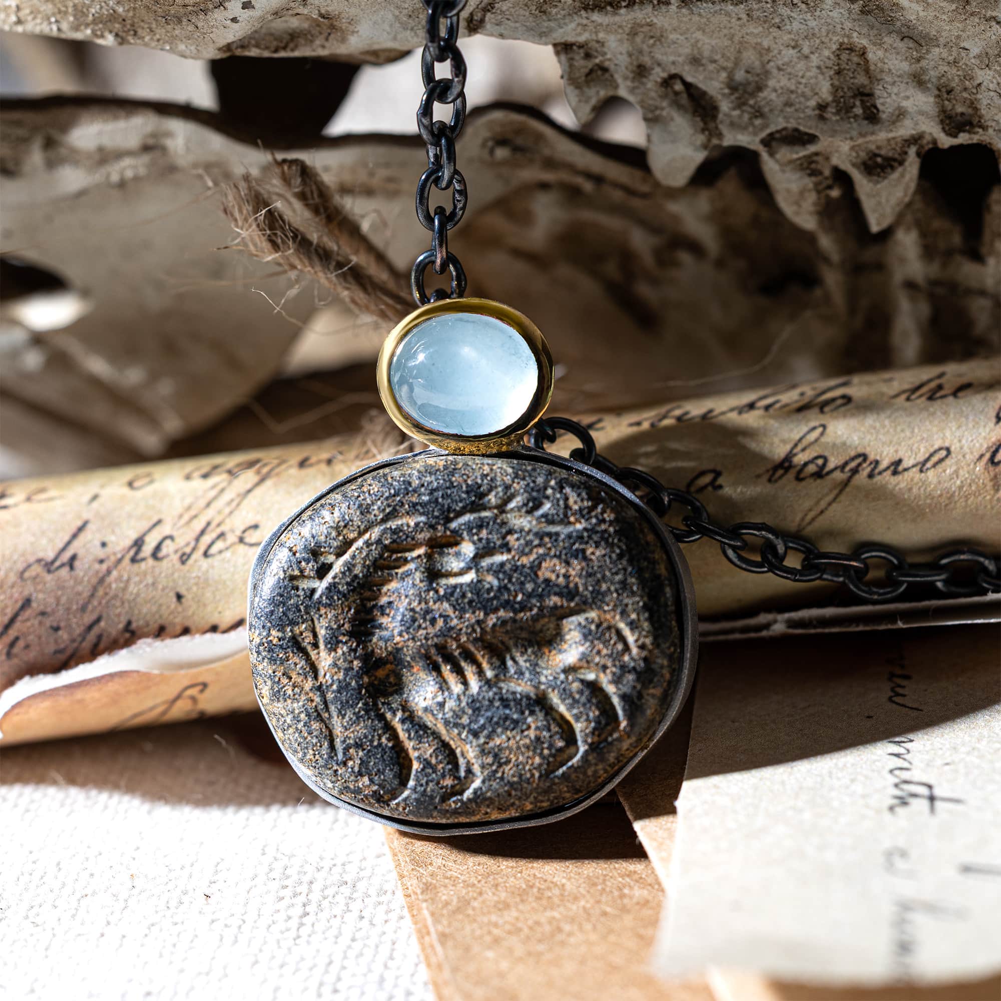 Lilitu Sterling Silver Pendant with Ancient Near Eastern Steatite Zoomorphic Amulet and Natural Aquamarine
