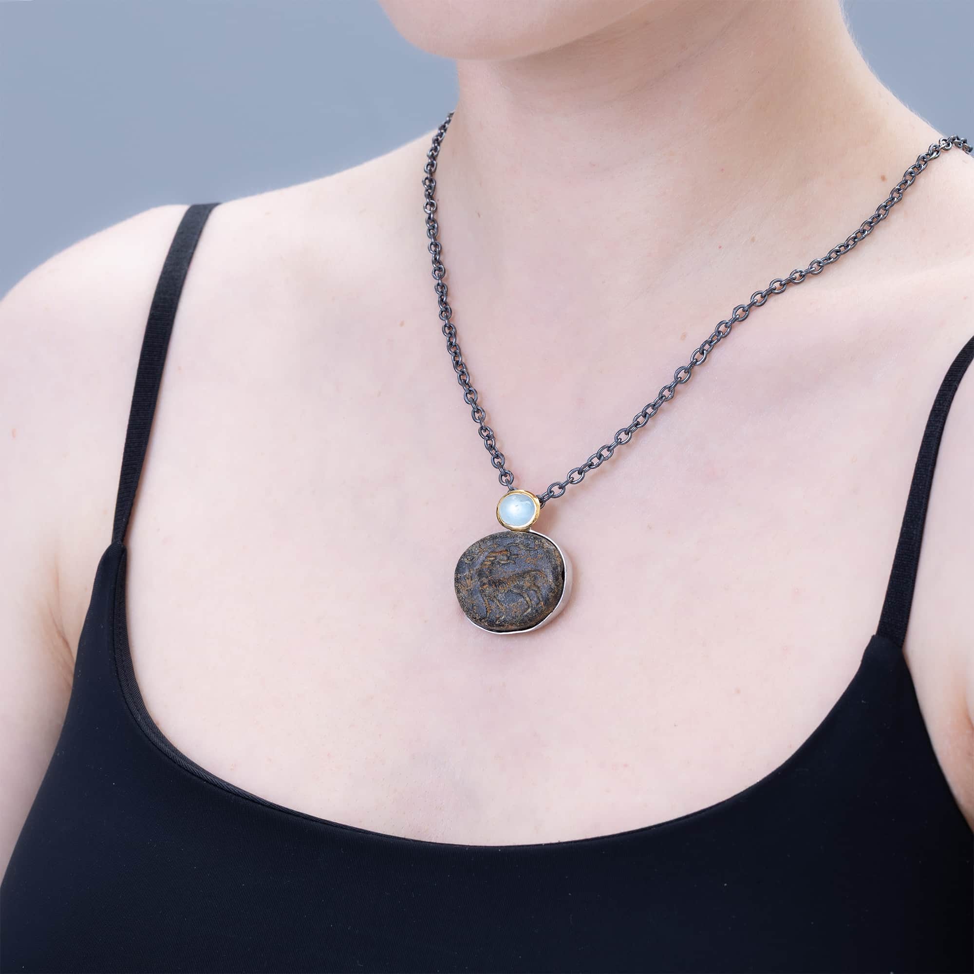 Lilitu Sterling Silver Pendant with Ancient Near Eastern Steatite Zoomorphic Amulet and Natural Aquamarine