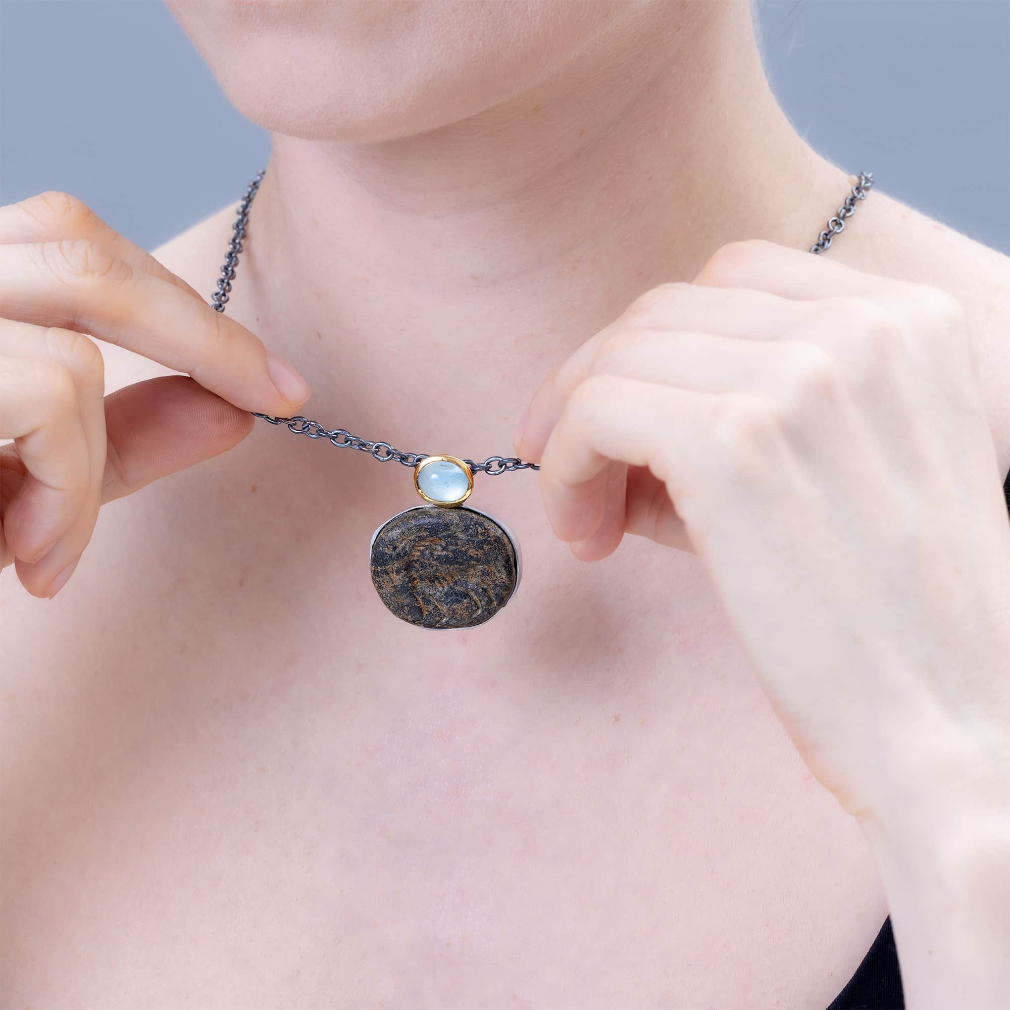 Lilitu Sterling Silver Pendant with Ancient Near Eastern Steatite Zoomorphic Amulet and Natural Aquamarine