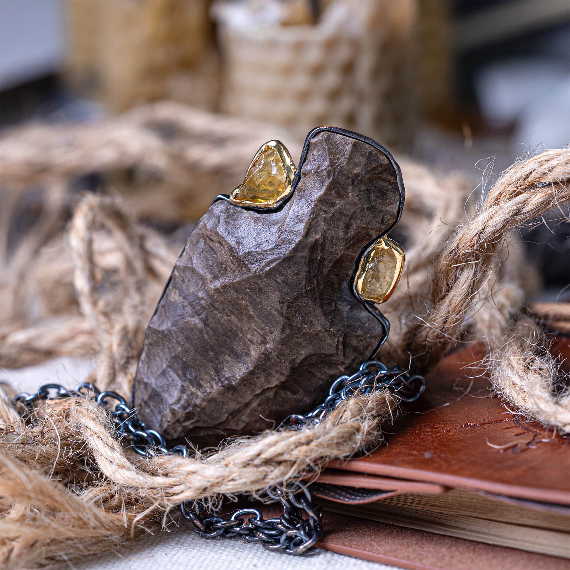 Kestrel Sterling Silver Pendant with Authentic Native American Flint Arrowhead & Raw Yellow Sapphires