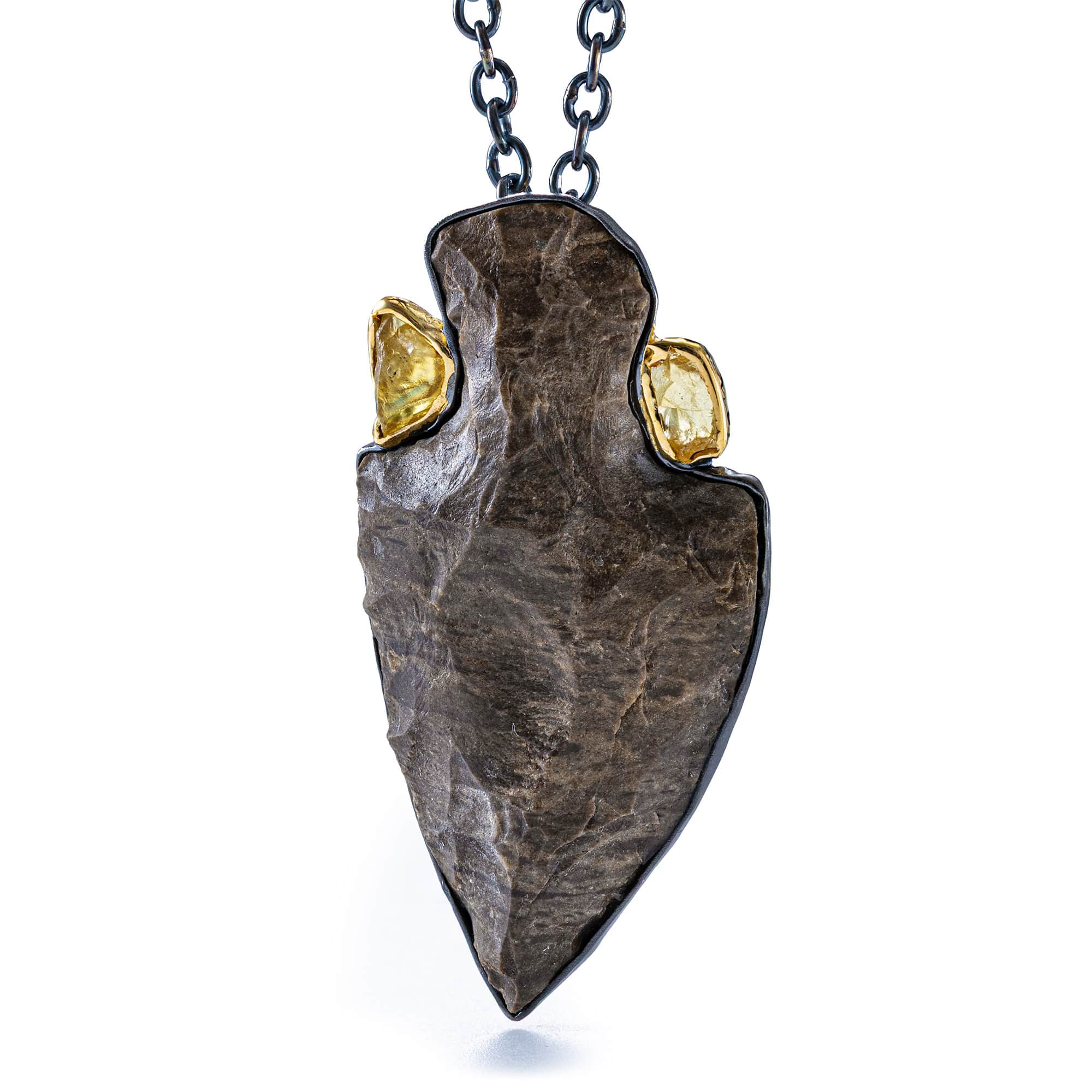 Kestrel Sterling Silver Pendant with Authentic Native American Flint Arrowhead & Raw Yellow Sapphires