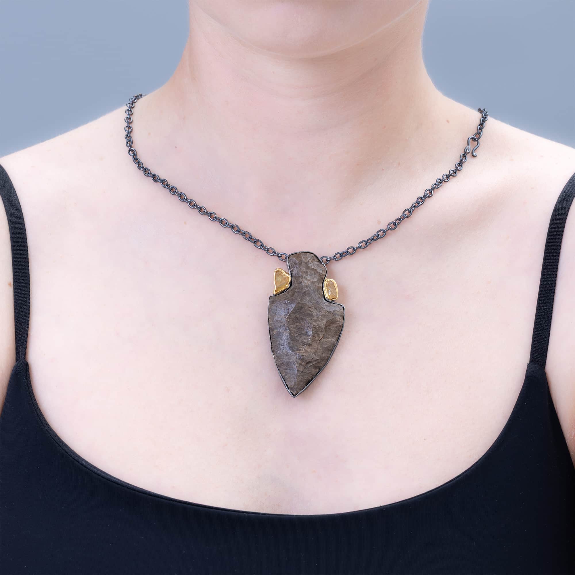 Kestrel Sterling Silver Pendant with Authentic Native American Flint Arrowhead & Raw Yellow Sapphires