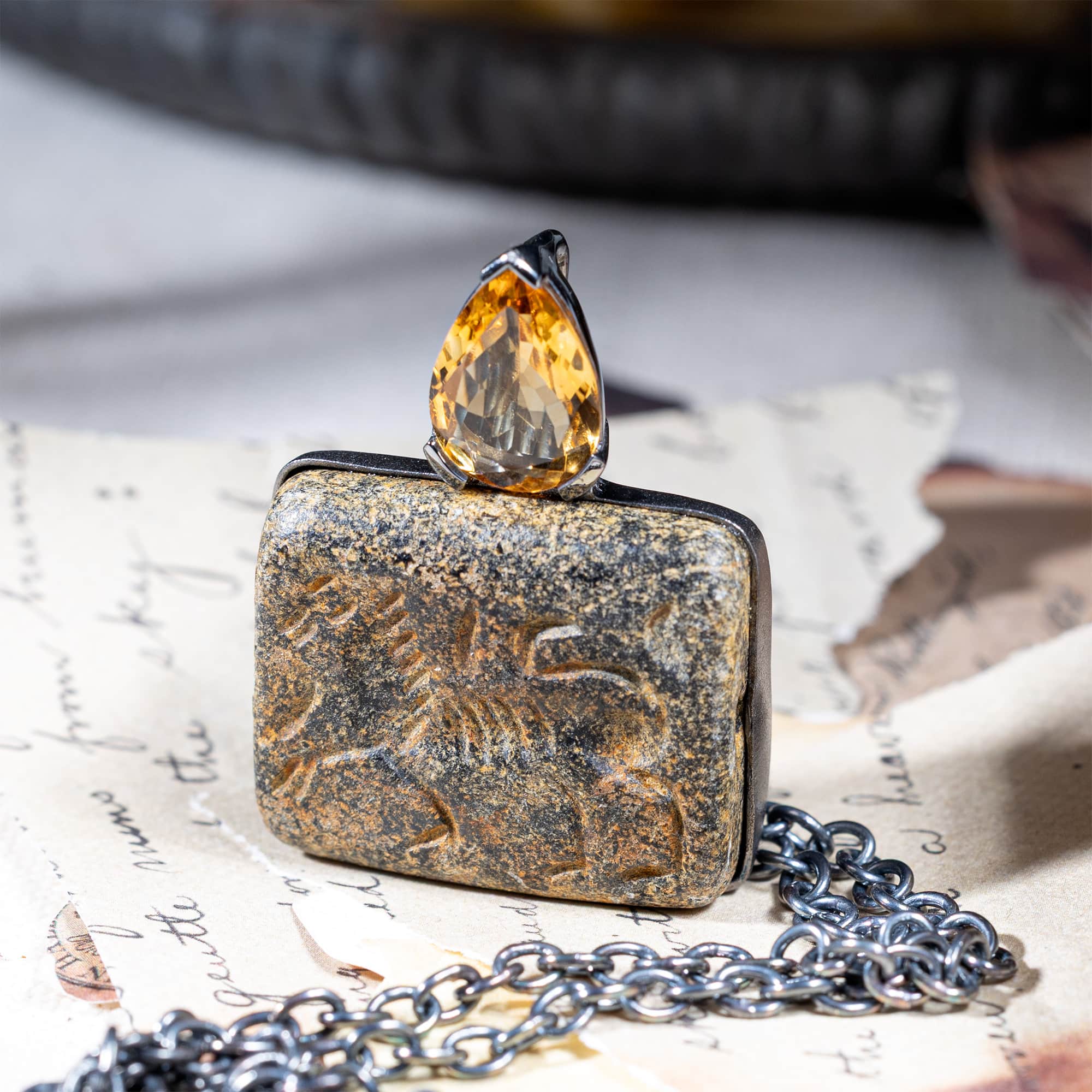 Lamashtu Sterling Silver Pendant with Ancient Near Eastern Steatite Lion Amulet and Natural Citrine Drop