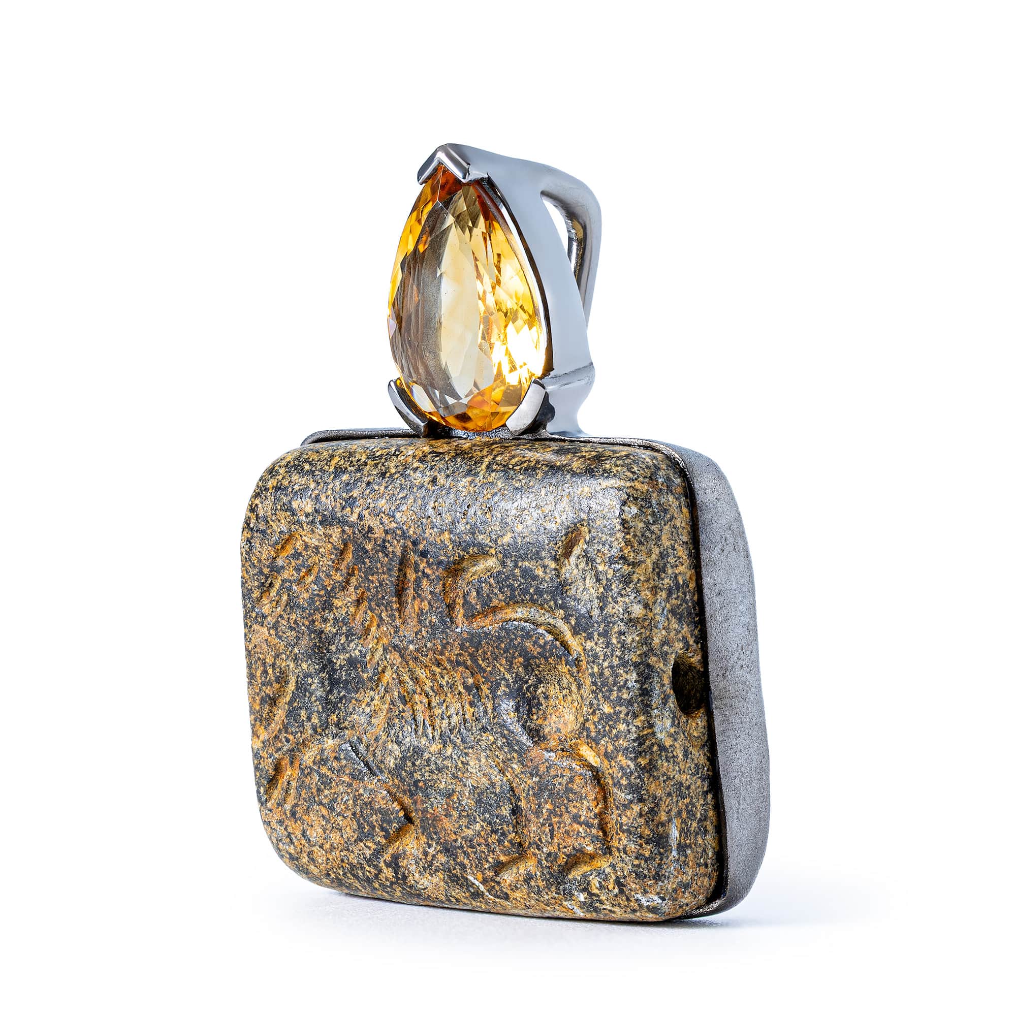 Lamashtu Sterling Silver Pendant with Ancient Near Eastern Steatite Lion Amulet and Natural Citrine Drop