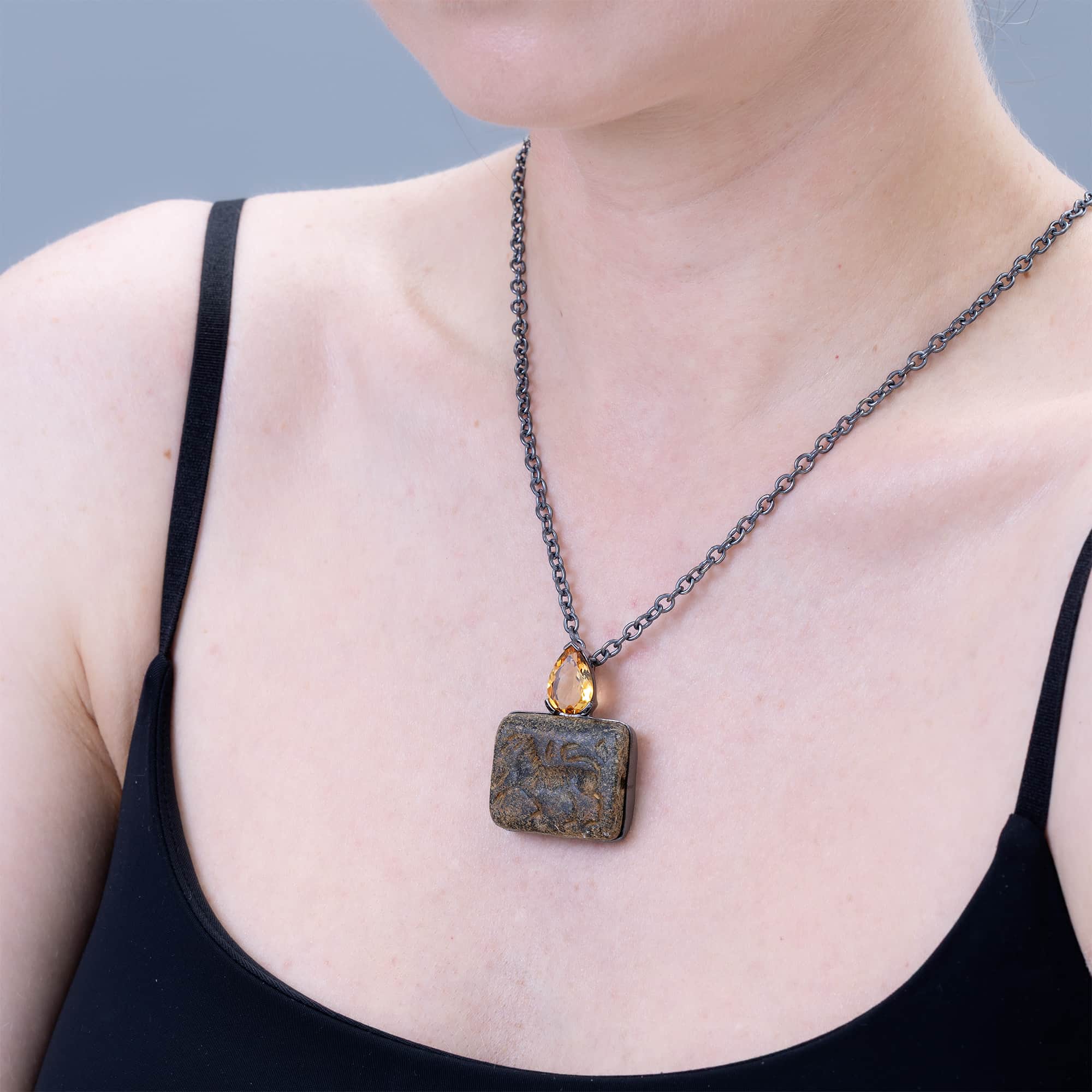 Lamashtu Sterling Silver Pendant with Ancient Near Eastern Steatite Lion Amulet and Natural Citrine Drop