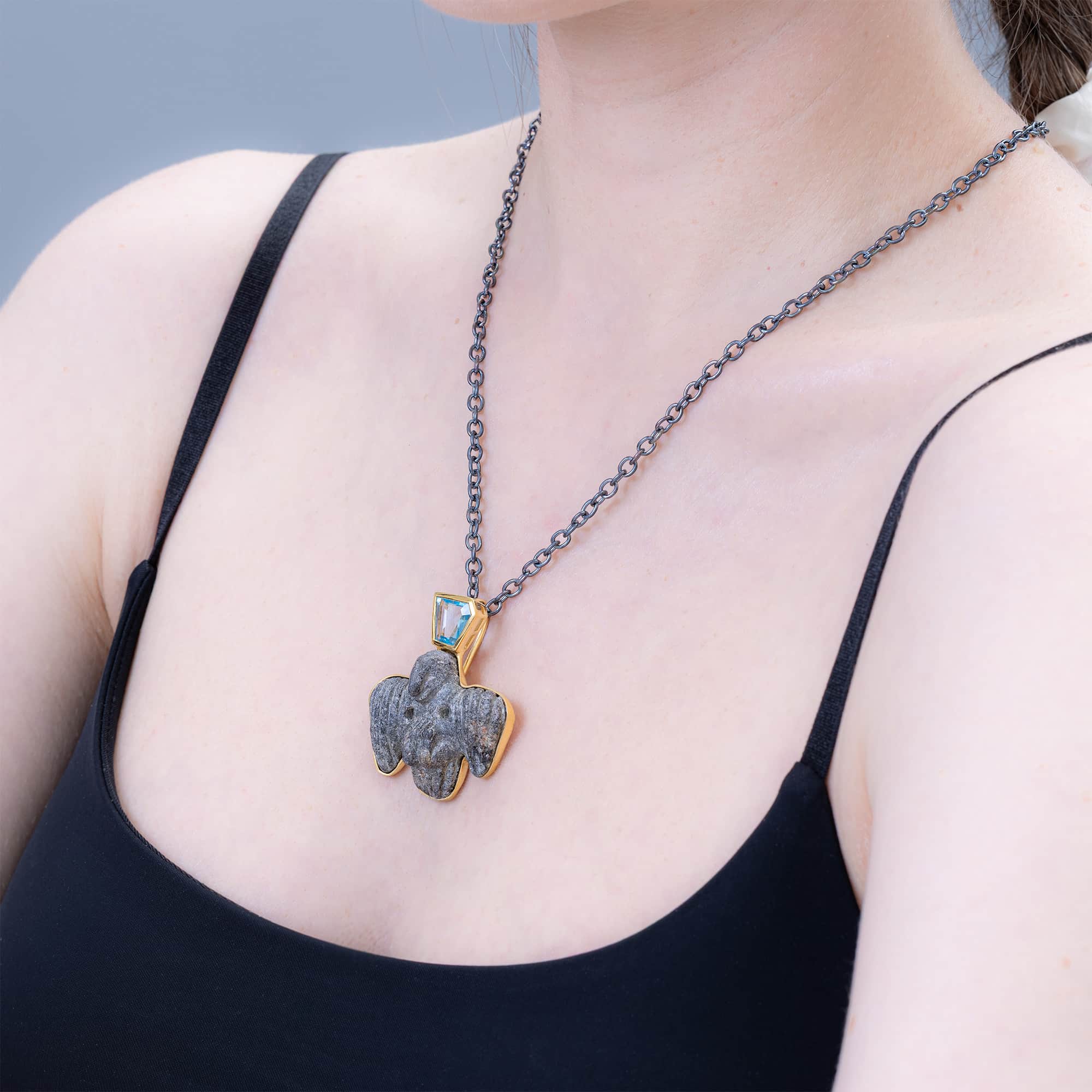 Nekhbet Sterling Silver Pendant with Ancient Egyptian Vulture Figurine Late Ptolemaic & Blue Topaz