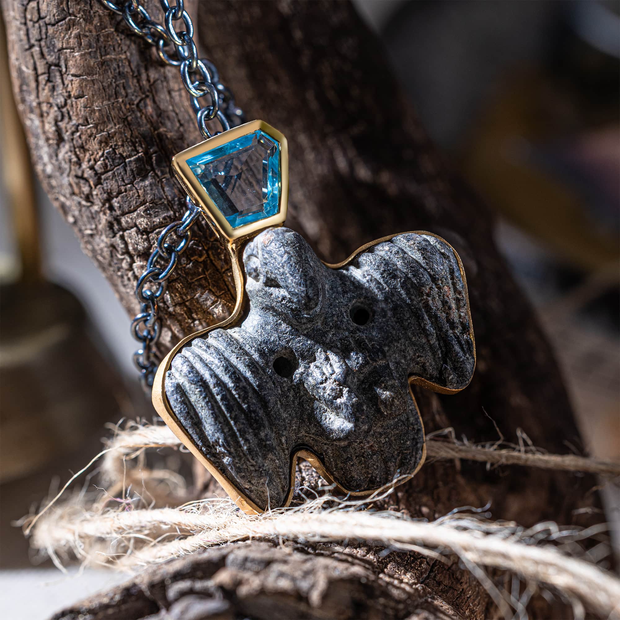 Nekhbet Sterling Silver Pendant with Ancient Egyptian Vulture Figurine Late Ptolemaic & Blue Topaz