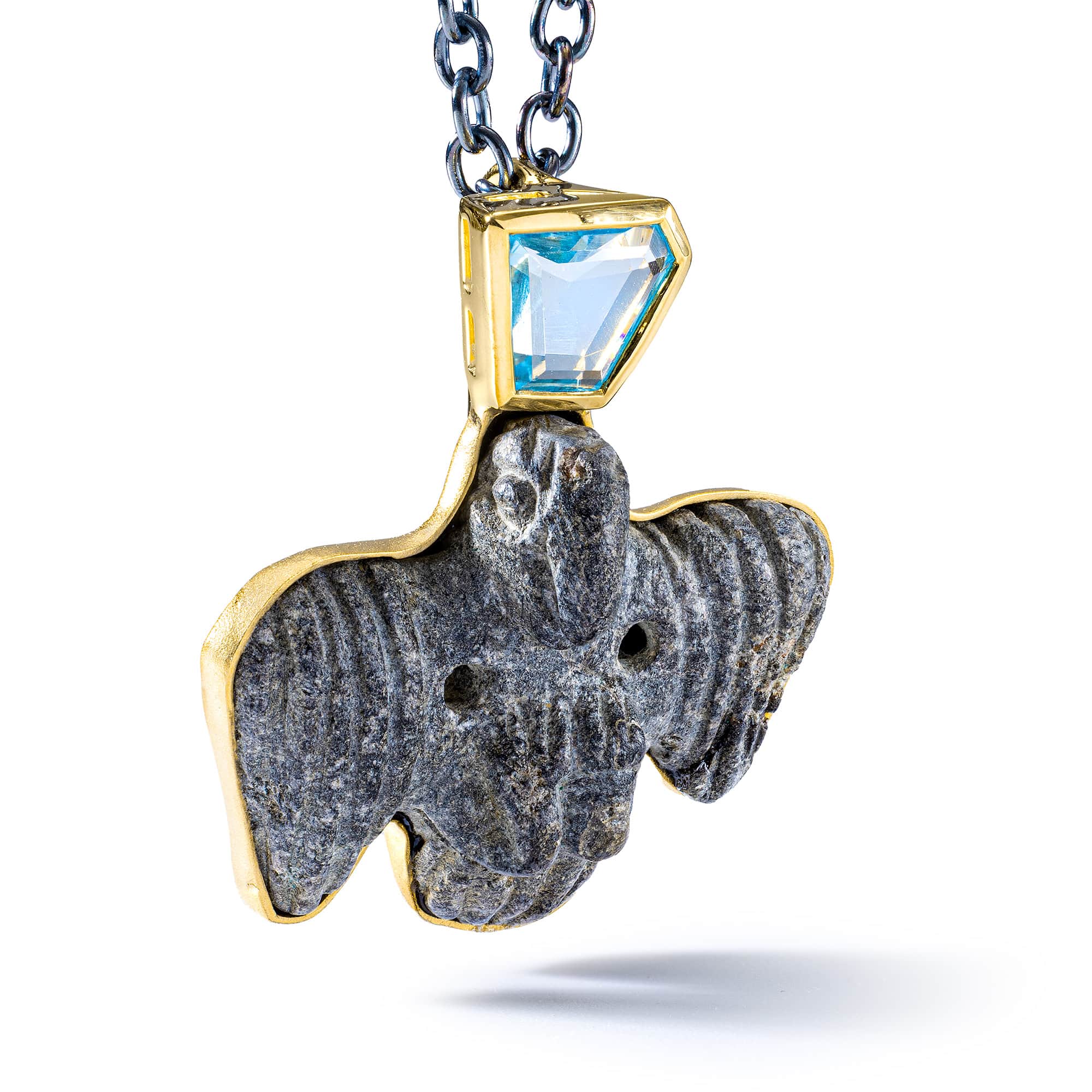 Nekhbet Sterling Silver Pendant with Ancient Egyptian Vulture Figurine Late Ptolemaic & Blue Topaz
