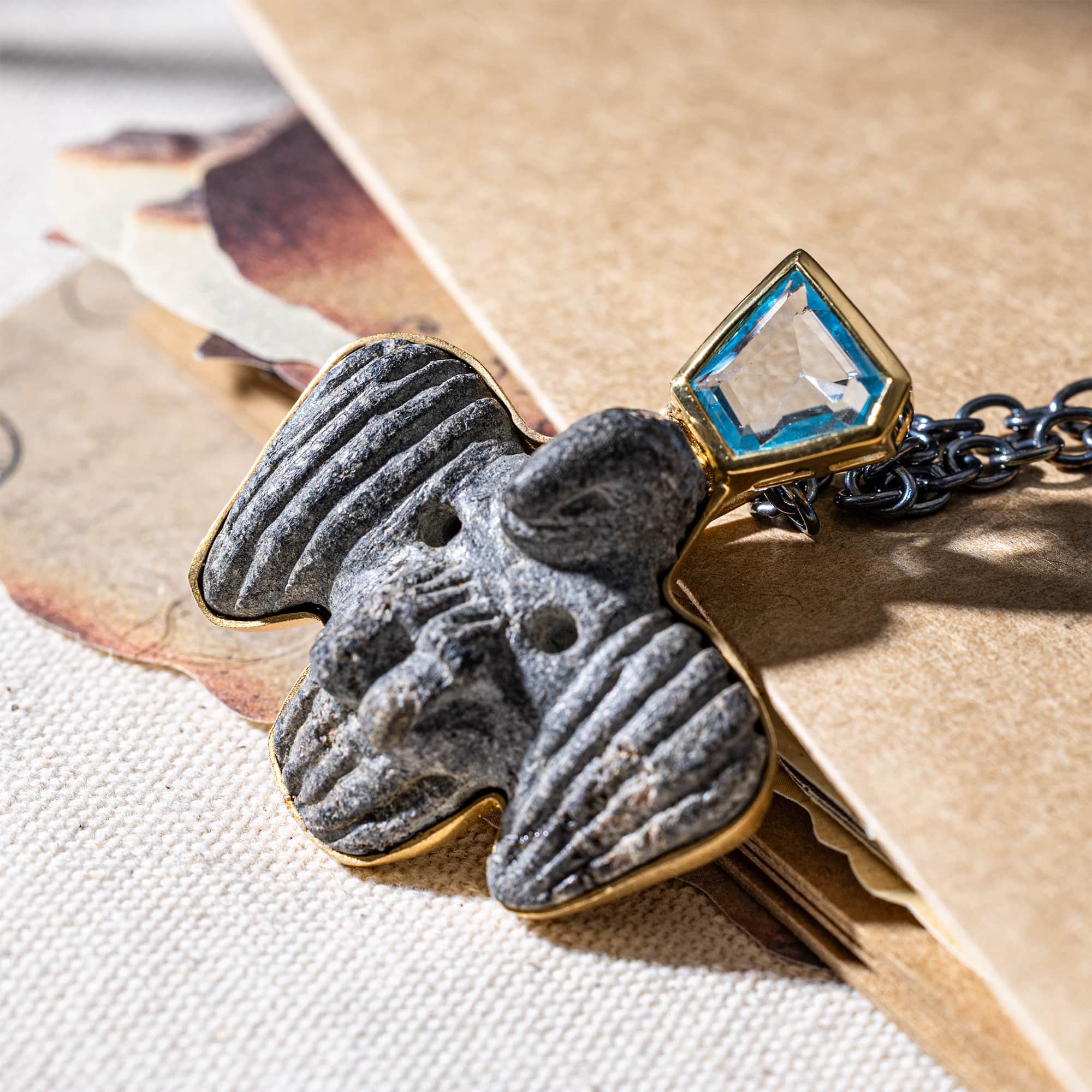 Nekhbet Sterling Silver Pendant with Ancient Egyptian Vulture Figurine Late Ptolemaic & Blue Topaz