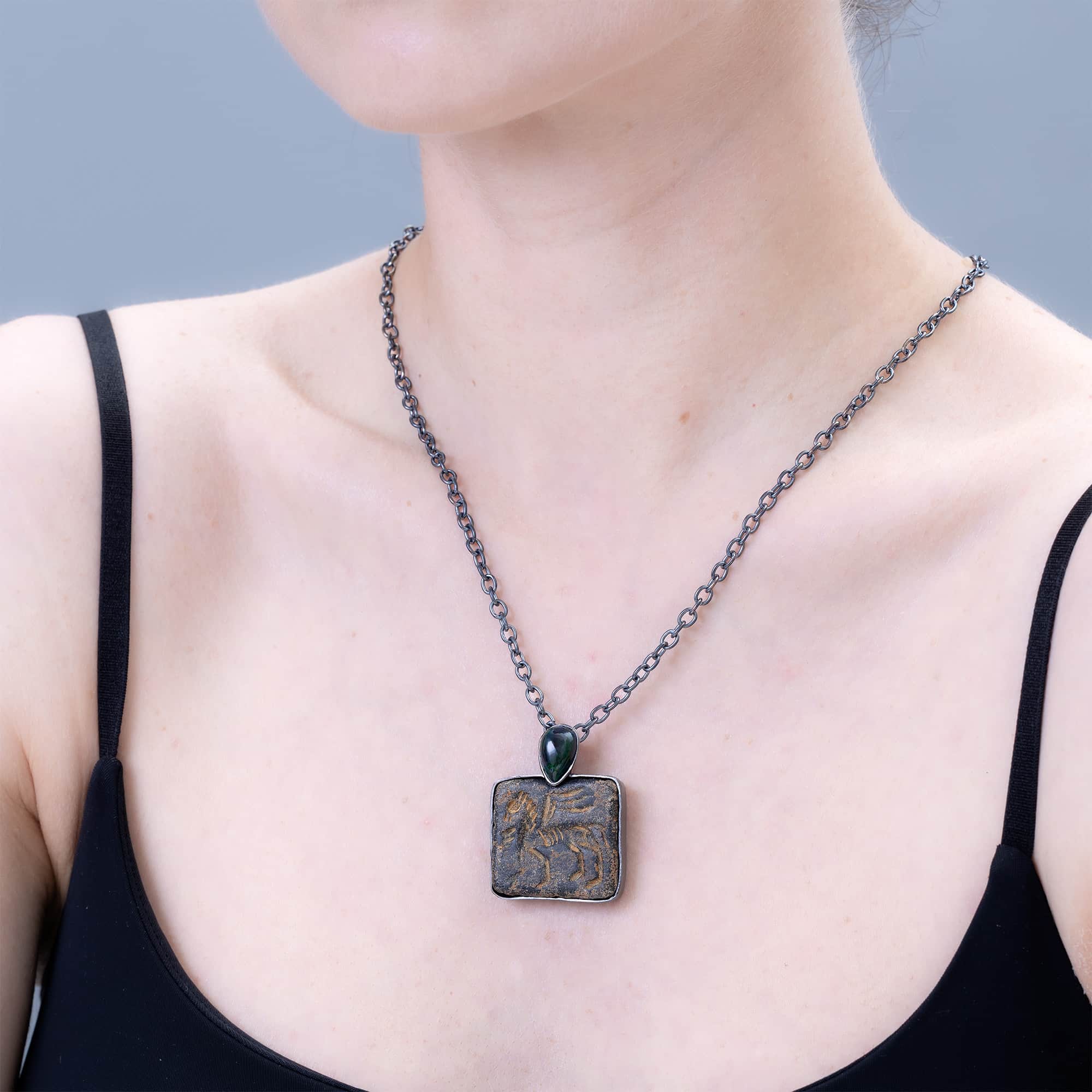 Ugallu Sterling Silver Pendant with Ancient Near Eastern Steatite Winged Lion Amulet and Black Opal