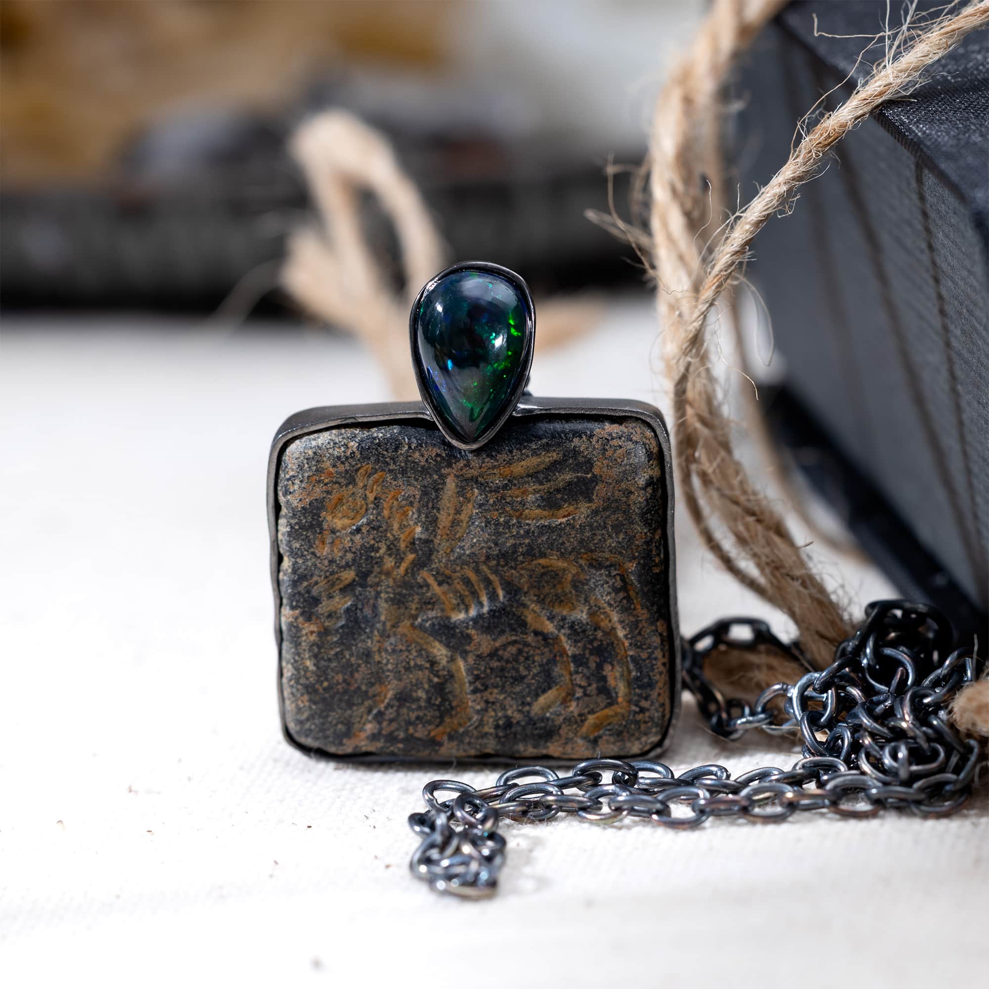 Ugallu Sterling Silver Pendant with Ancient Near Eastern Steatite Winged Lion Amulet and Black Opal