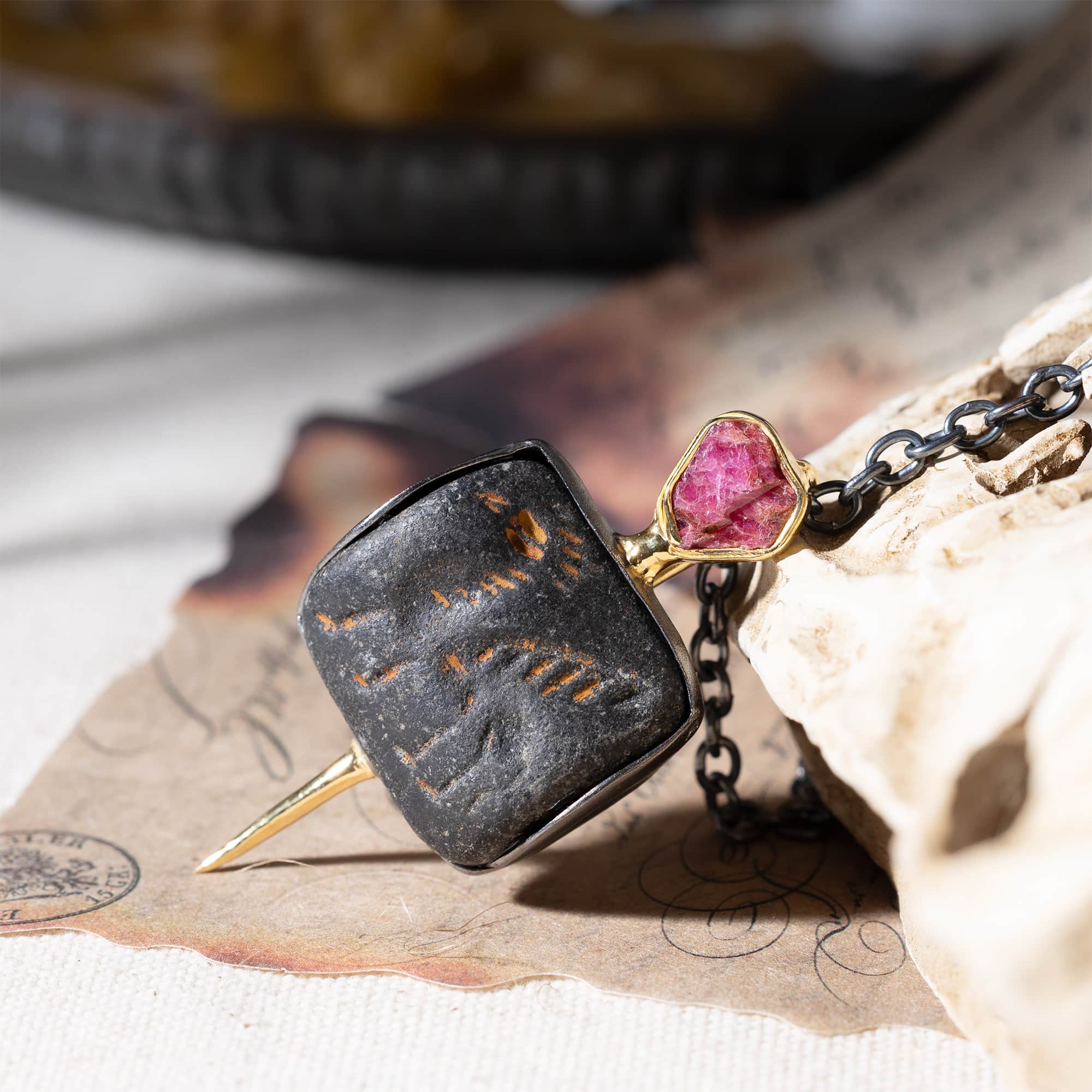 Ur Sterling Silver Pendant with Ancient Neo-Sumerian Steatite Stamp Seal & Rough Ruby