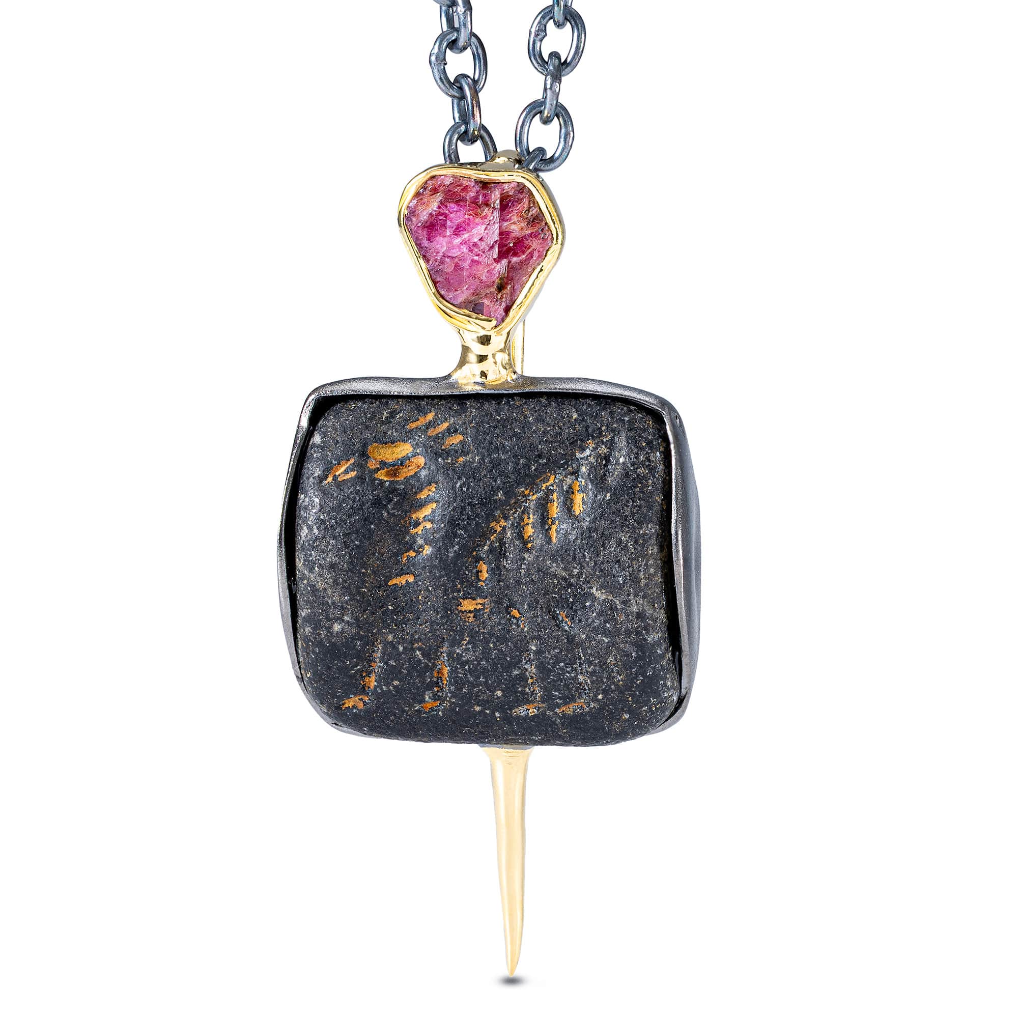 Ur Sterling Silver Pendant with Ancient Neo-Sumerian Steatite Stamp Seal & Rough Ruby