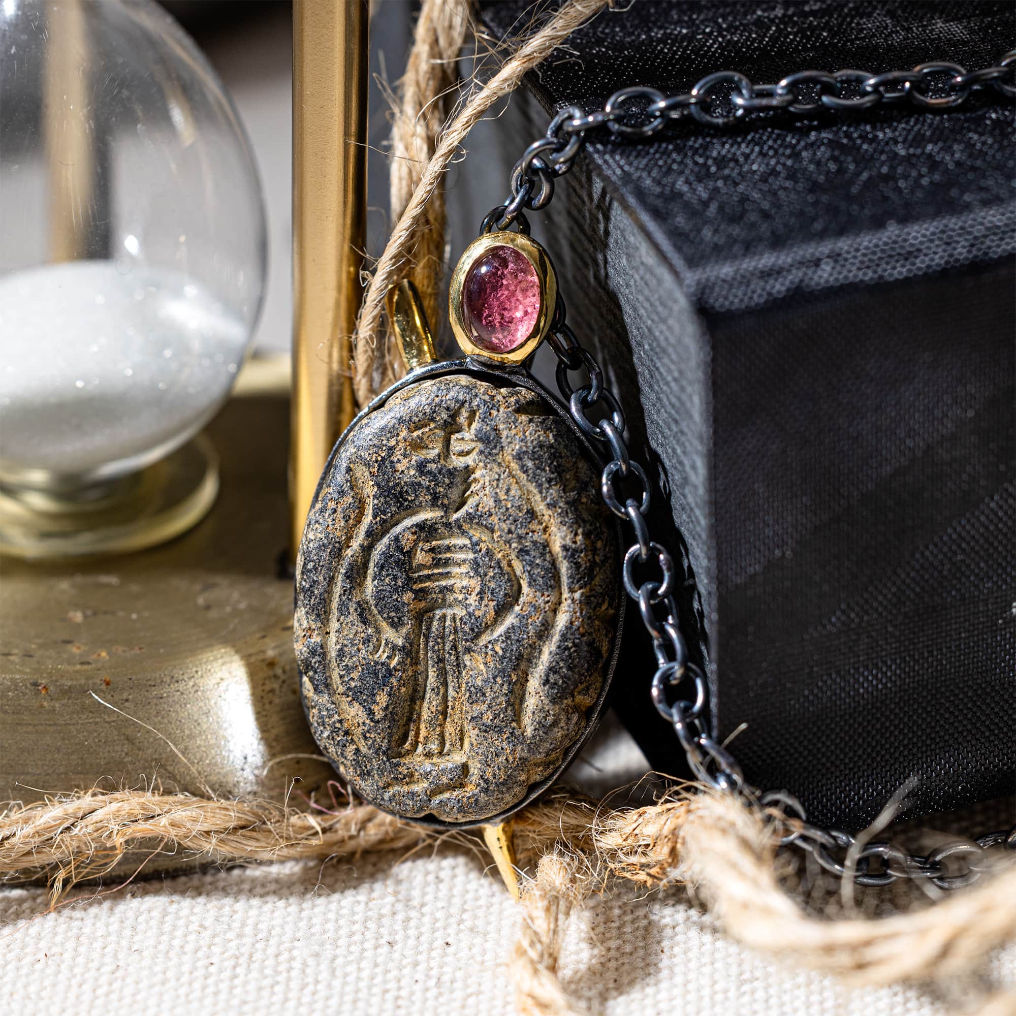 Nergal Sterling Silver Pendant with Ancient Near Eastern Stone Amulet and Natural Pink Tourmaline