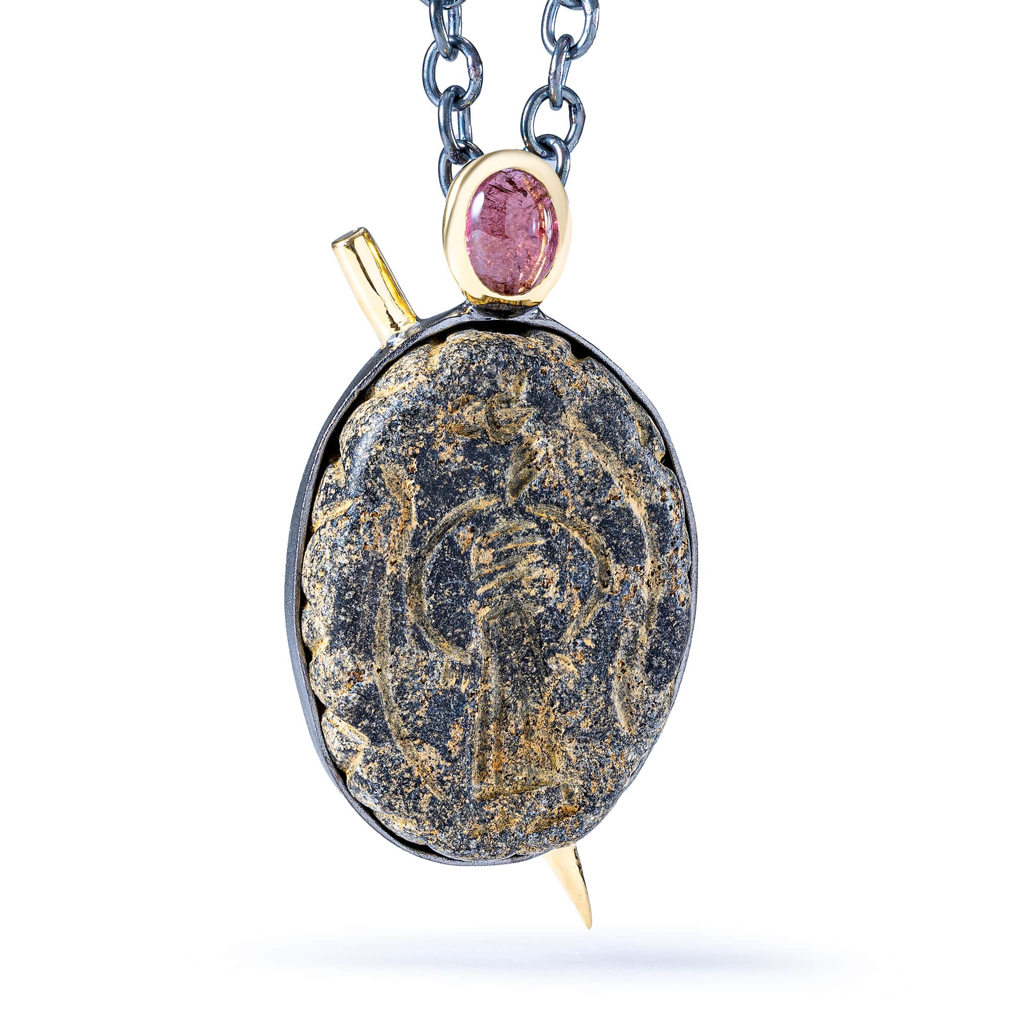 Nergal Sterling Silver Pendant with Ancient Near Eastern Stone Amulet and Natural Pink Tourmaline