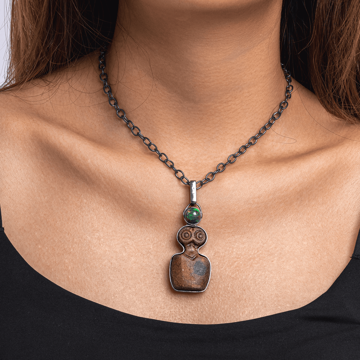 Glaux Ancient Owl Shaped Mesopotamian Artifact Pendant with Natural Green Opal