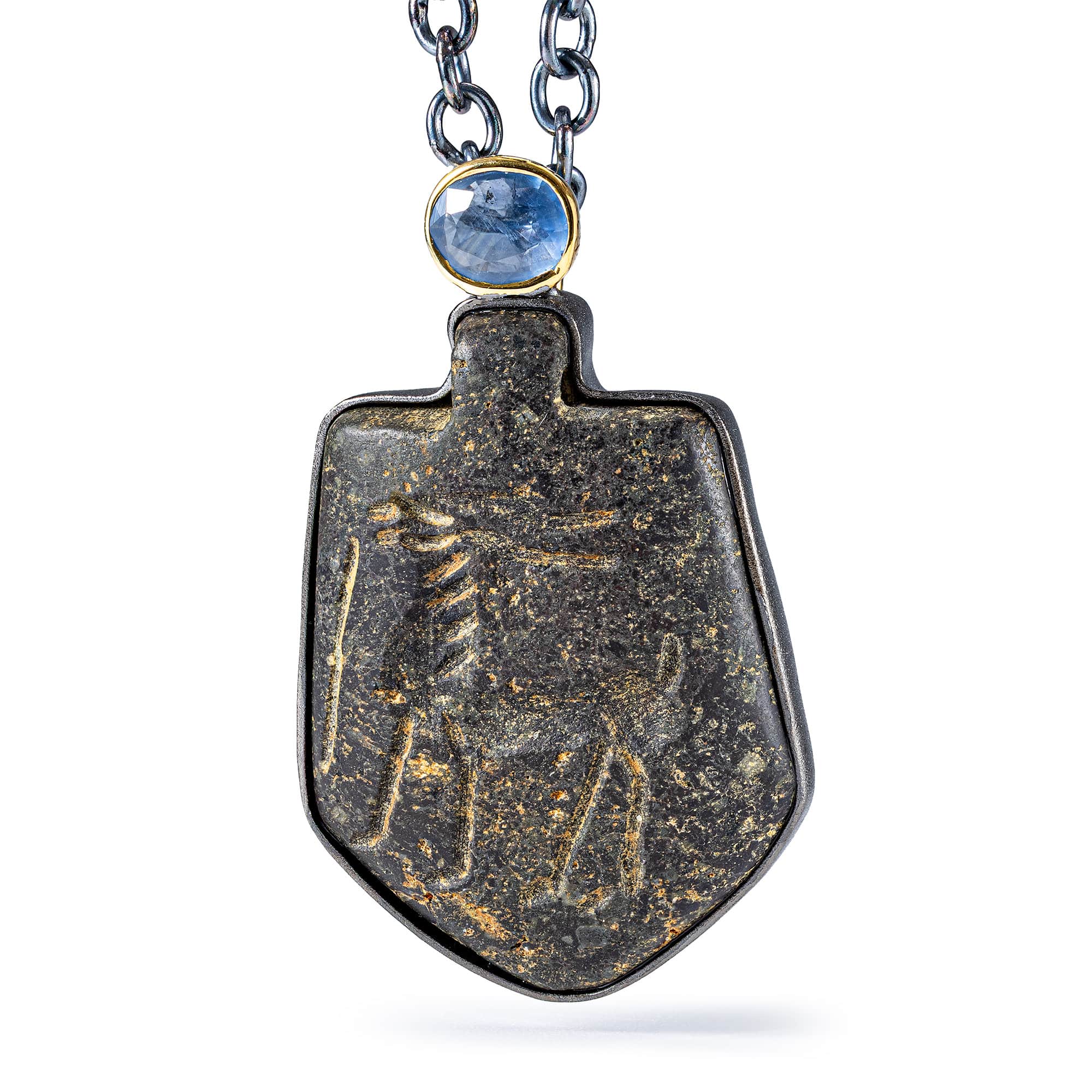 Adad Sterling Silver Pendant with Ancient Near Eastern Steatite Amulet and Blue Sapphire