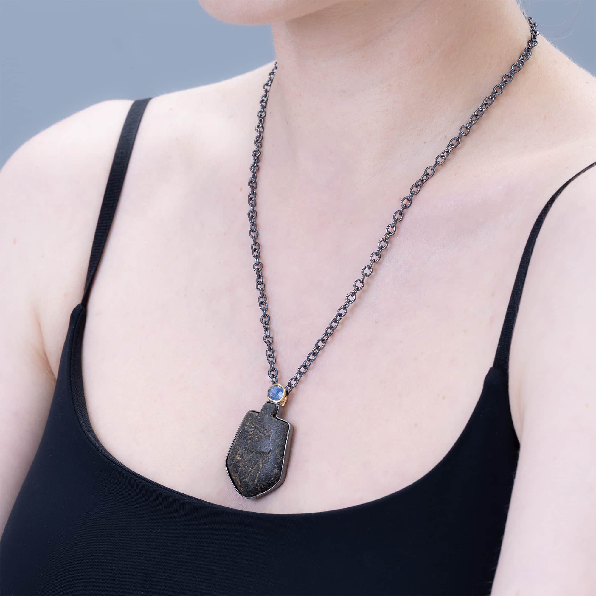 Adad Sterling Silver Pendant with Ancient Near Eastern Steatite Amulet and Blue Sapphire