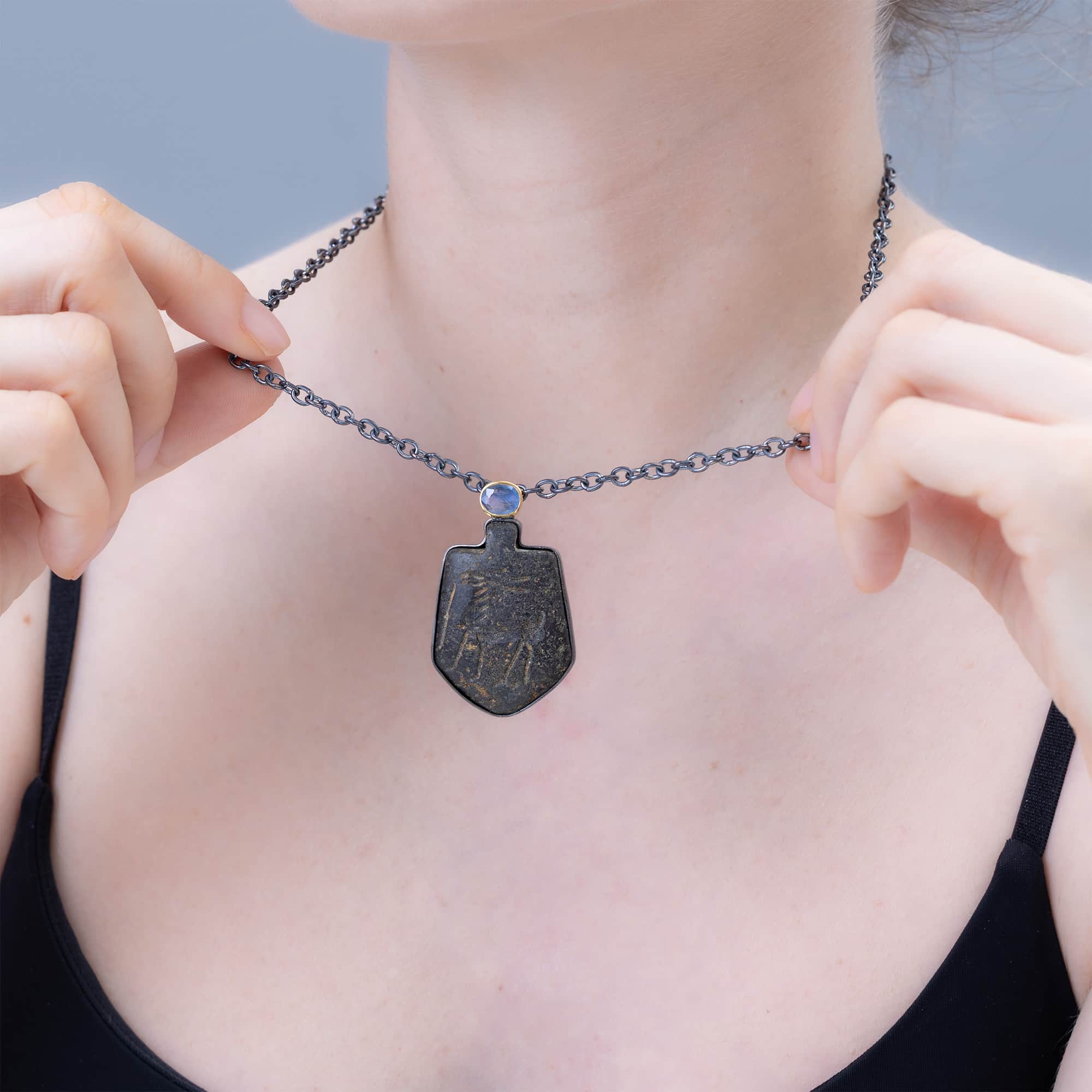 Adad Sterling Silver Pendant with Ancient Near Eastern Steatite Amulet and Blue Sapphire