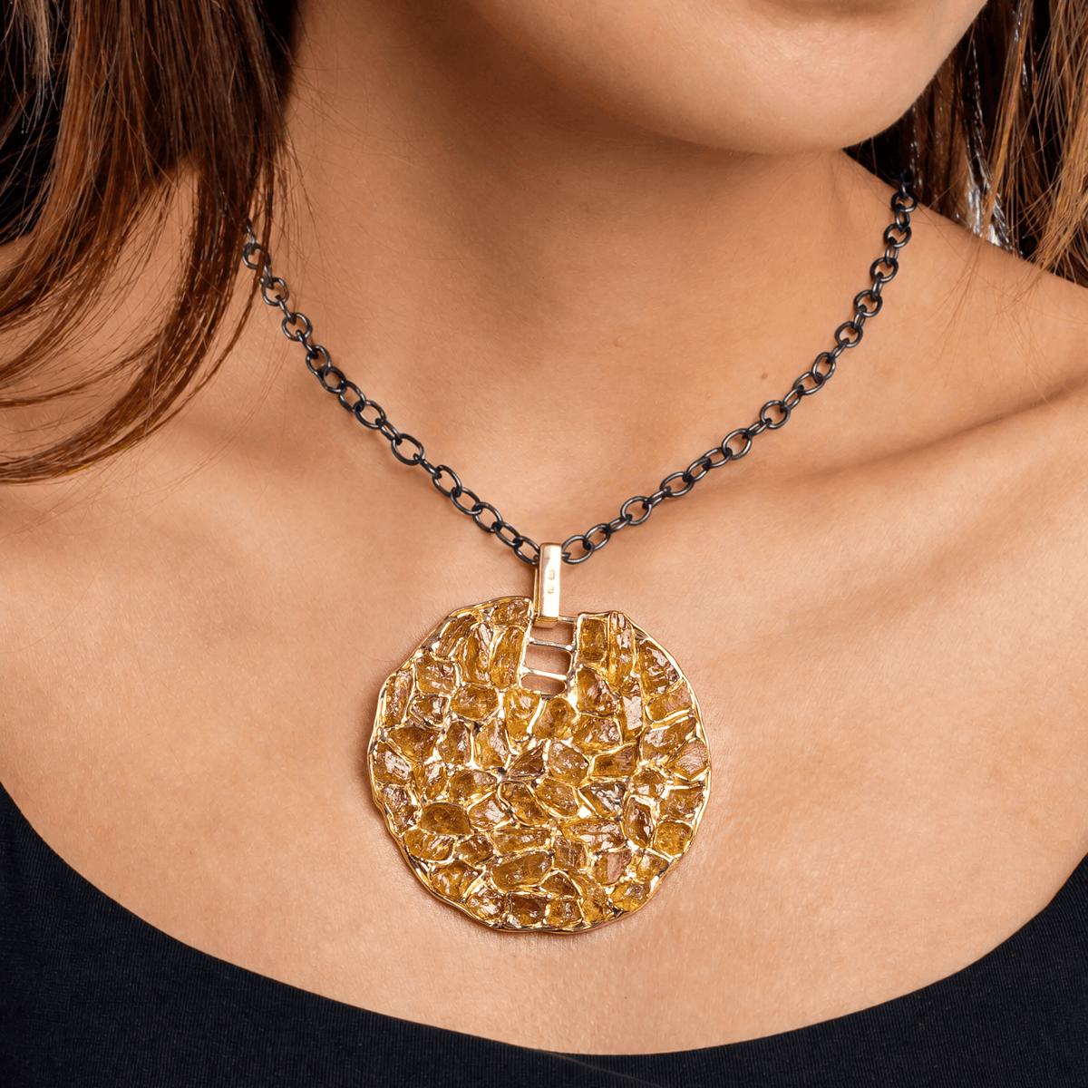 Anzah Singular Edition Natural Raw Chrysoberyl Mosaic Silver Pendant